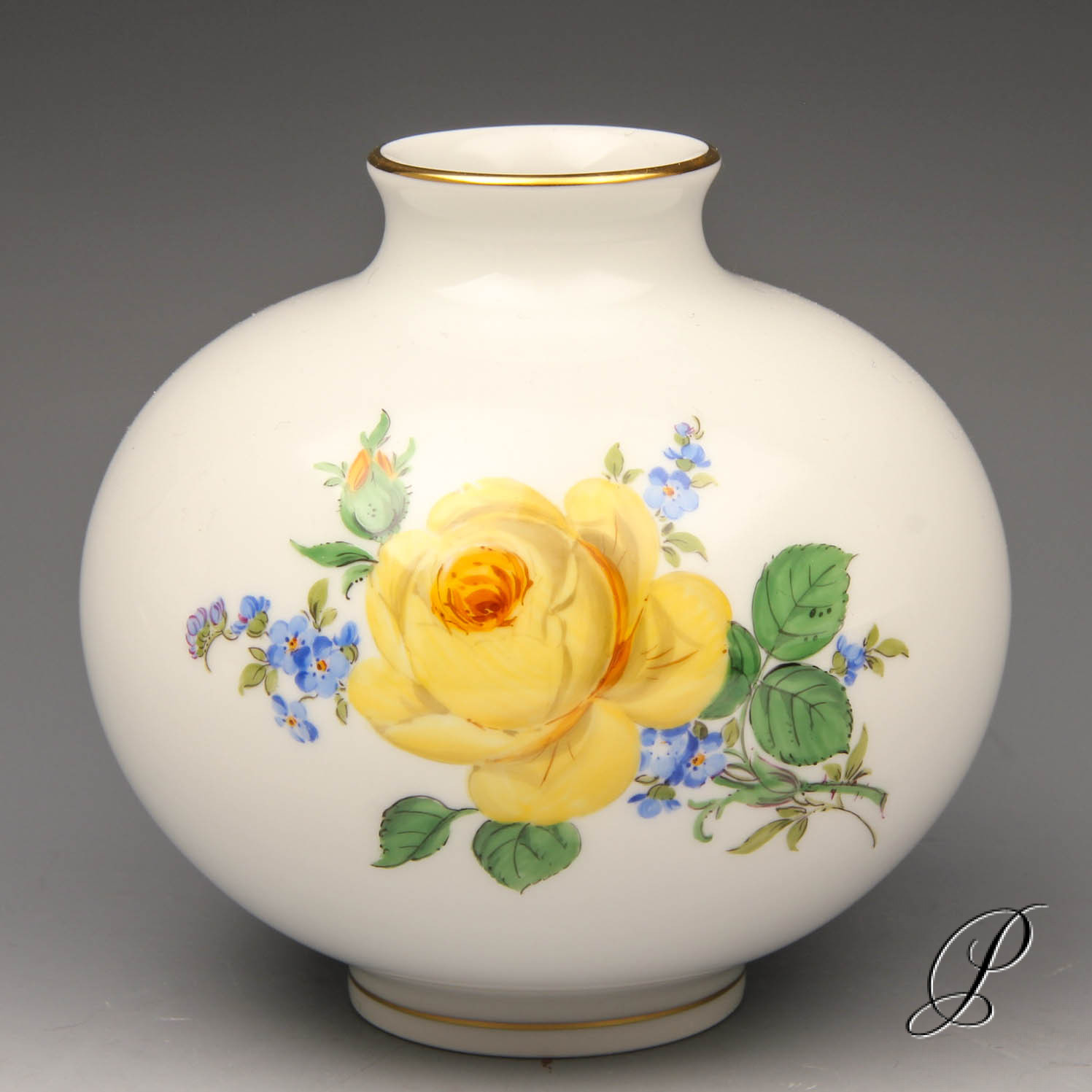 Vase Meissen 1.Wahl gelbe Rose und Vergißmeinnicht