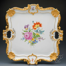 Traumhafte große Prunkplatte / Prunktablett Meissen mit Blumenbukett