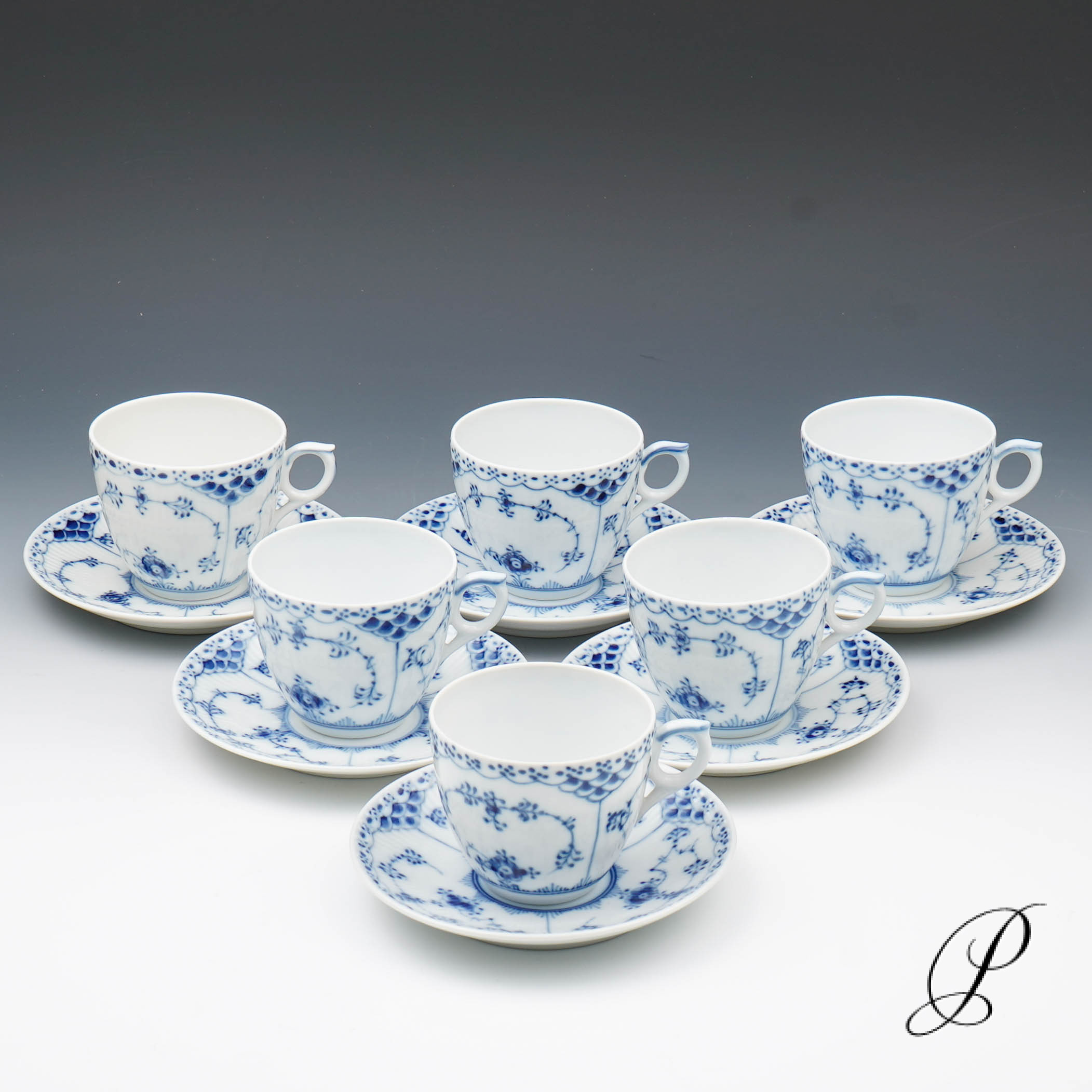 6 Kaffeegedecke Royal Copenhagen Musselmalet Halbspitz