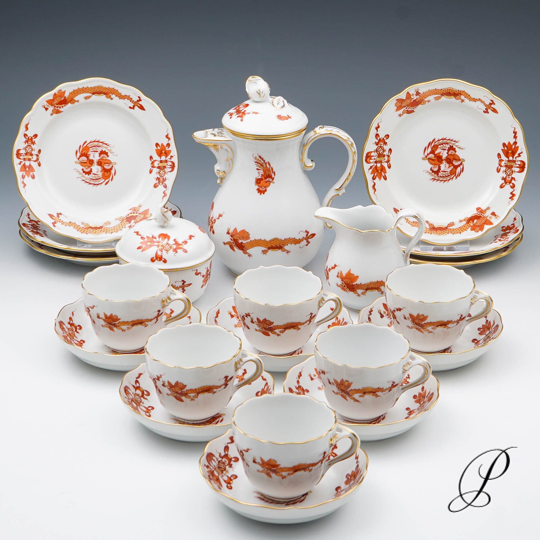 Mokkaservice Meissen 1.Wahl Reicher Drache rot