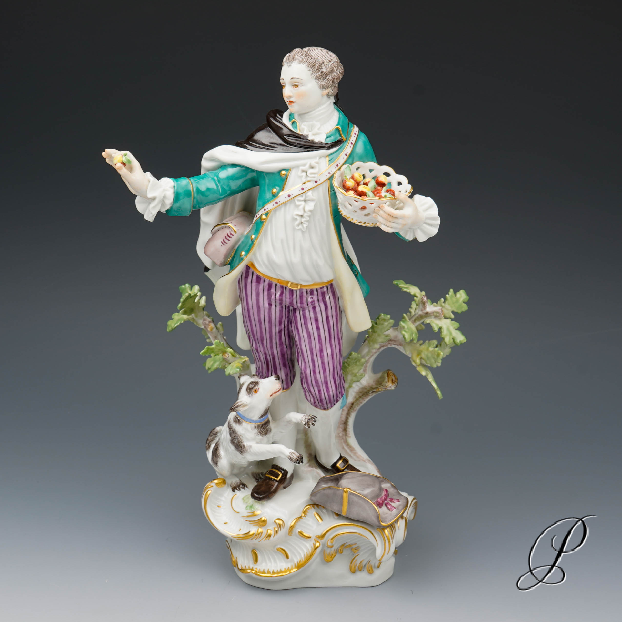 wunderschöne große Meissen Figur 1.Wahl - Schäfer mit Hund und Korb – Bild 2