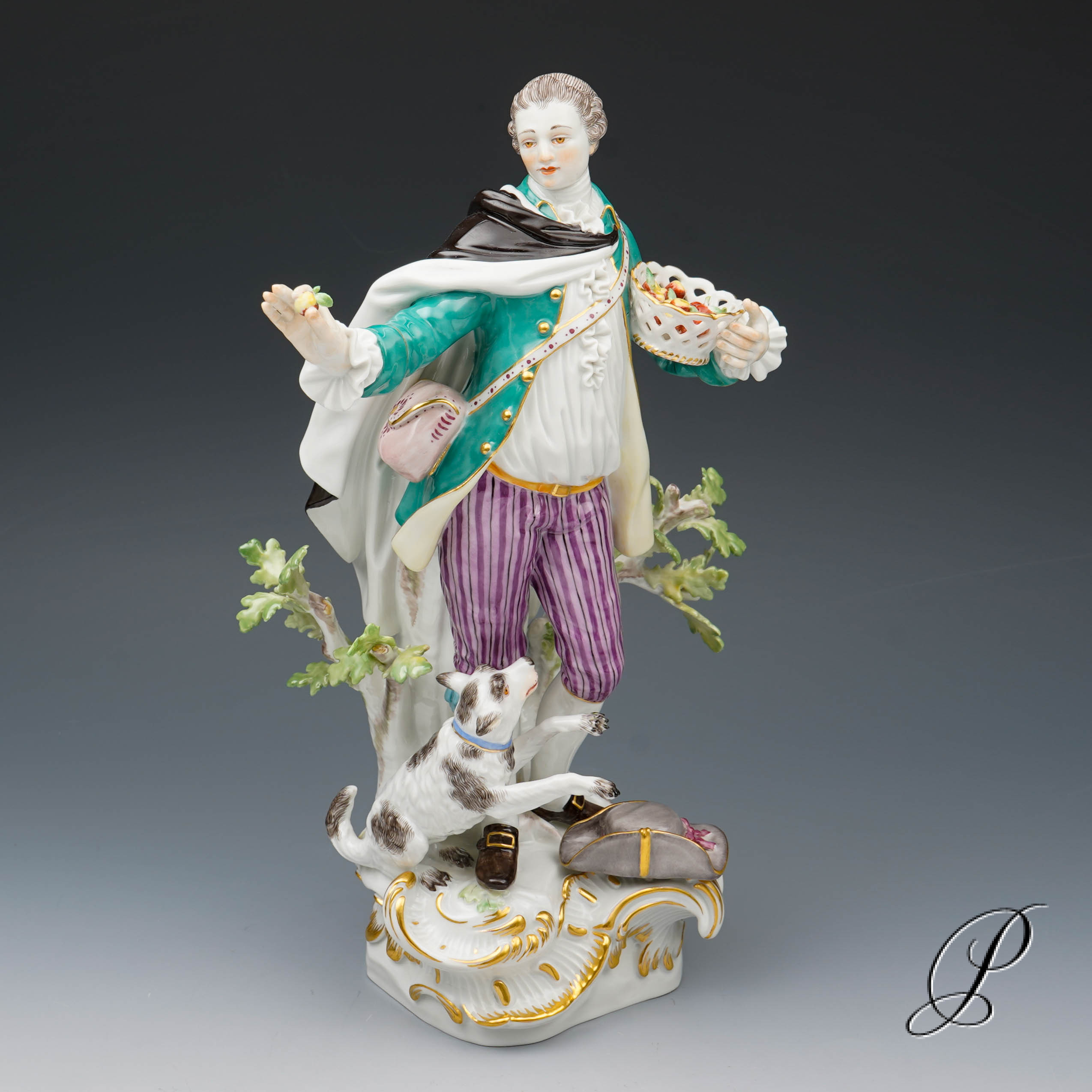 wunderschöne große Meissen Figur 1.Wahl - Schäfer mit Hund und Korb