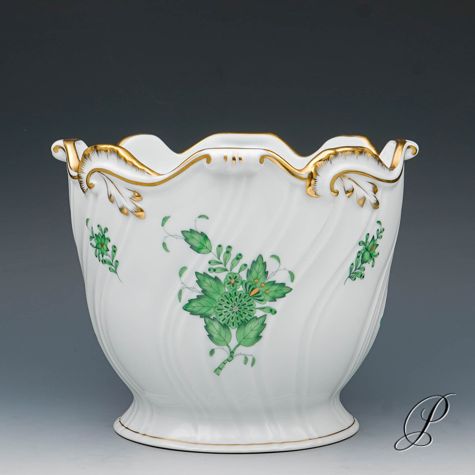 großer schwerer Blumentopf Herend Apponyi grün