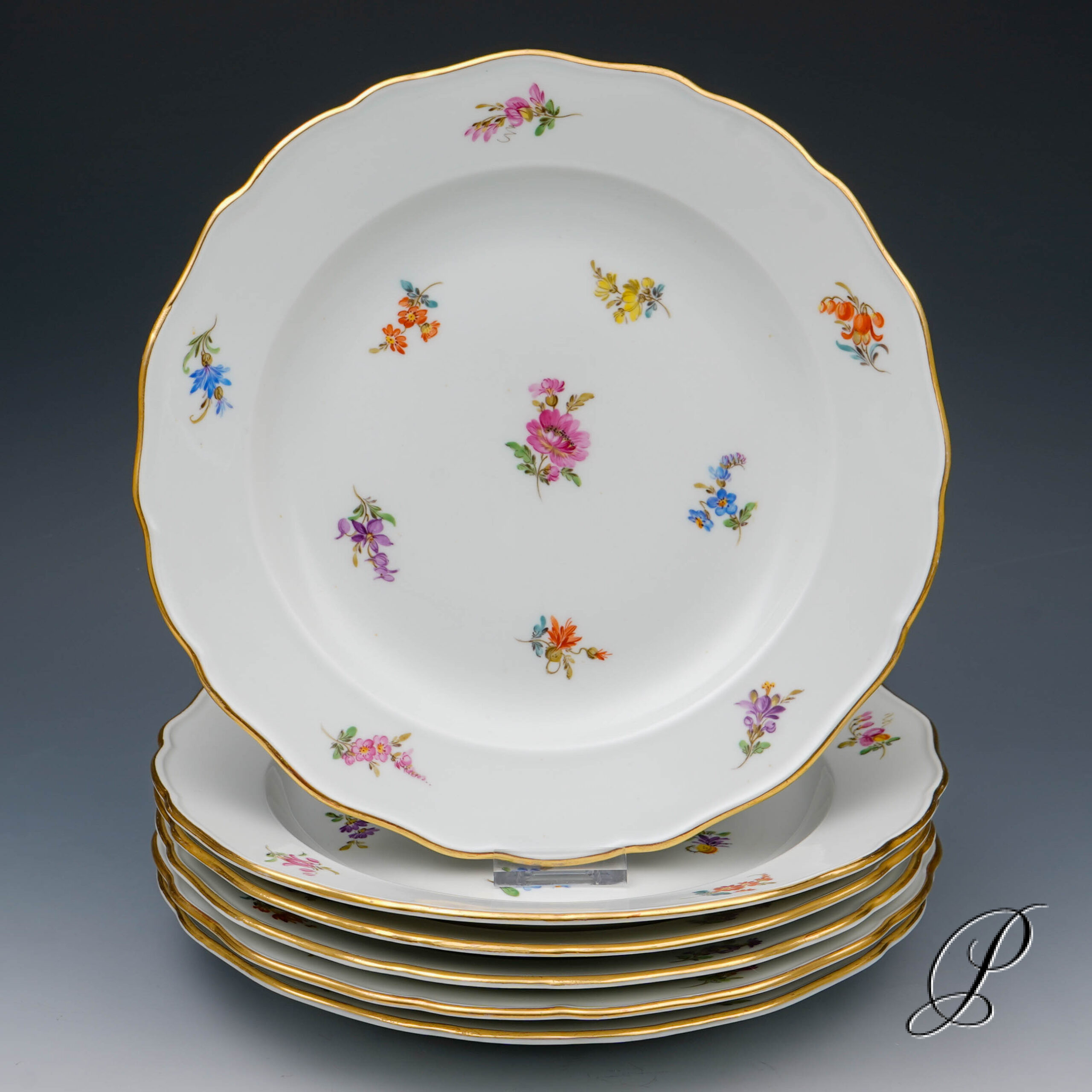 Meissen 6 Speiseteller Pfeiferzeit um 1924 im Dekor Streublume