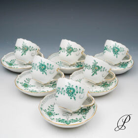 6 Mokkagedecke Meissen 1.Wahl im Dekor Indische Malerei grün