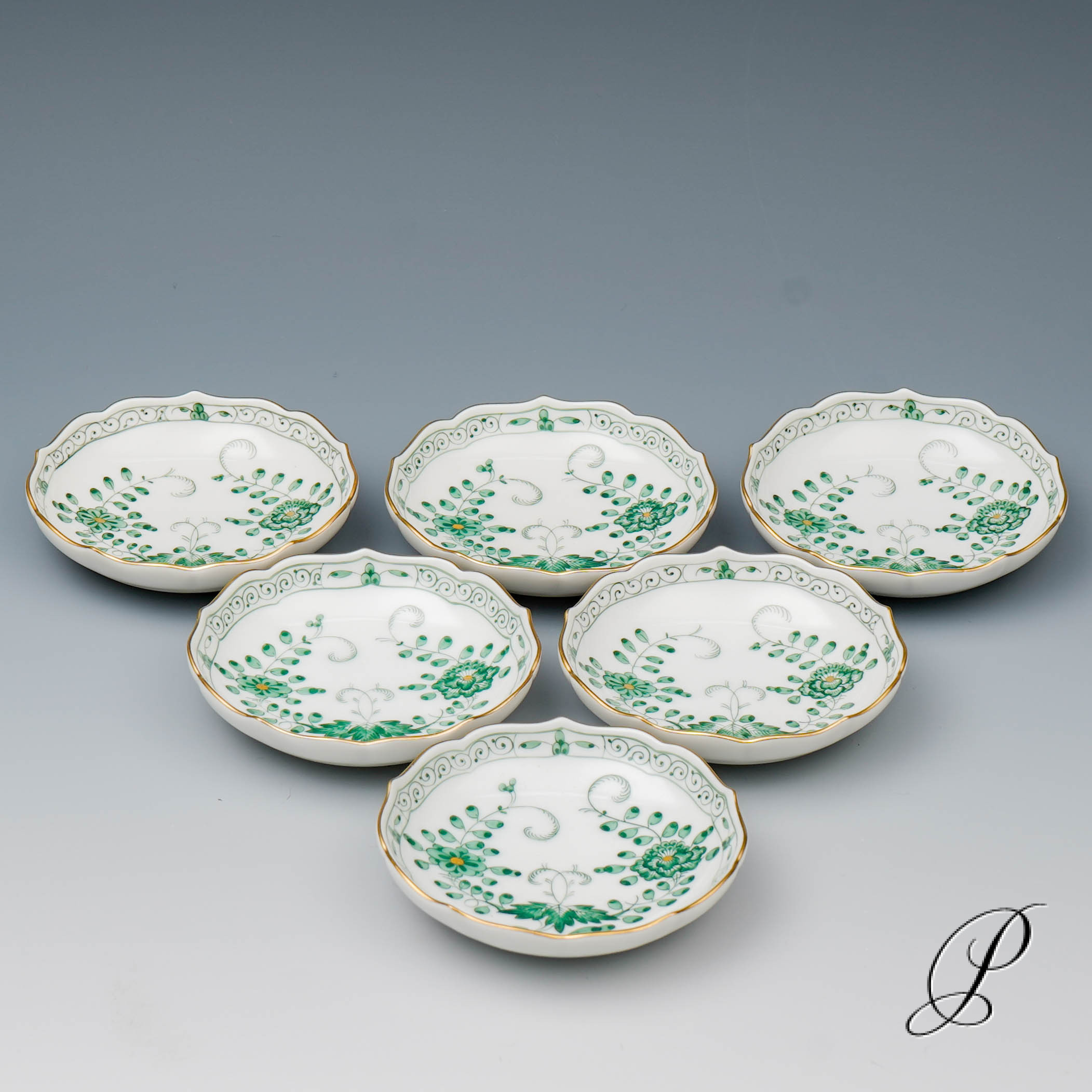 6 Konfektschälchen Meissen 1.Wahl Indische Malerei grün NP# 930,- EUR