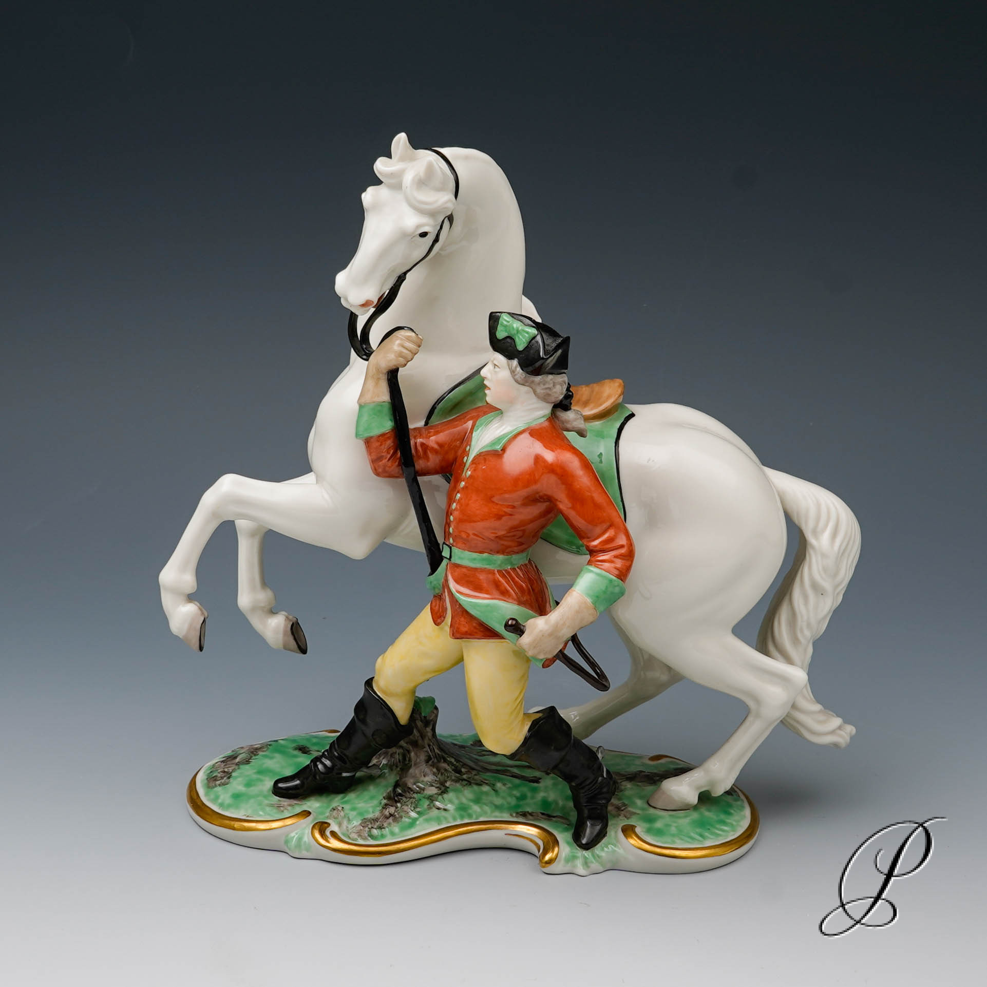 Figur Nymphenburg aus der Roten Jagd "Reiter Pferd vorführend"