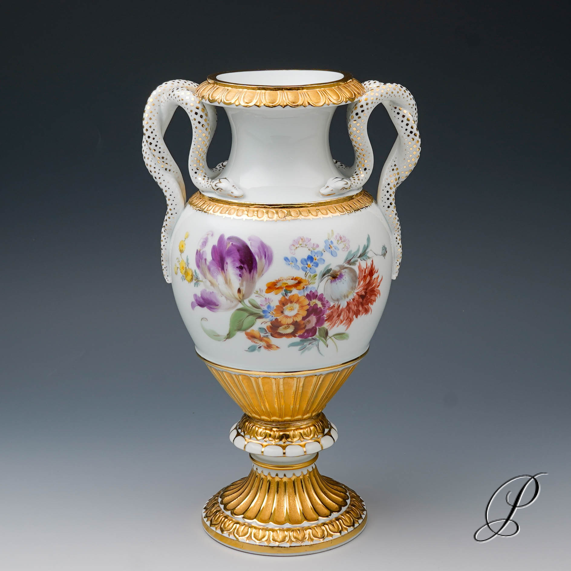 Schlangenhenkelvase Meissen 1.Wahl um 1900 Jhd. mit Blumenbuketts