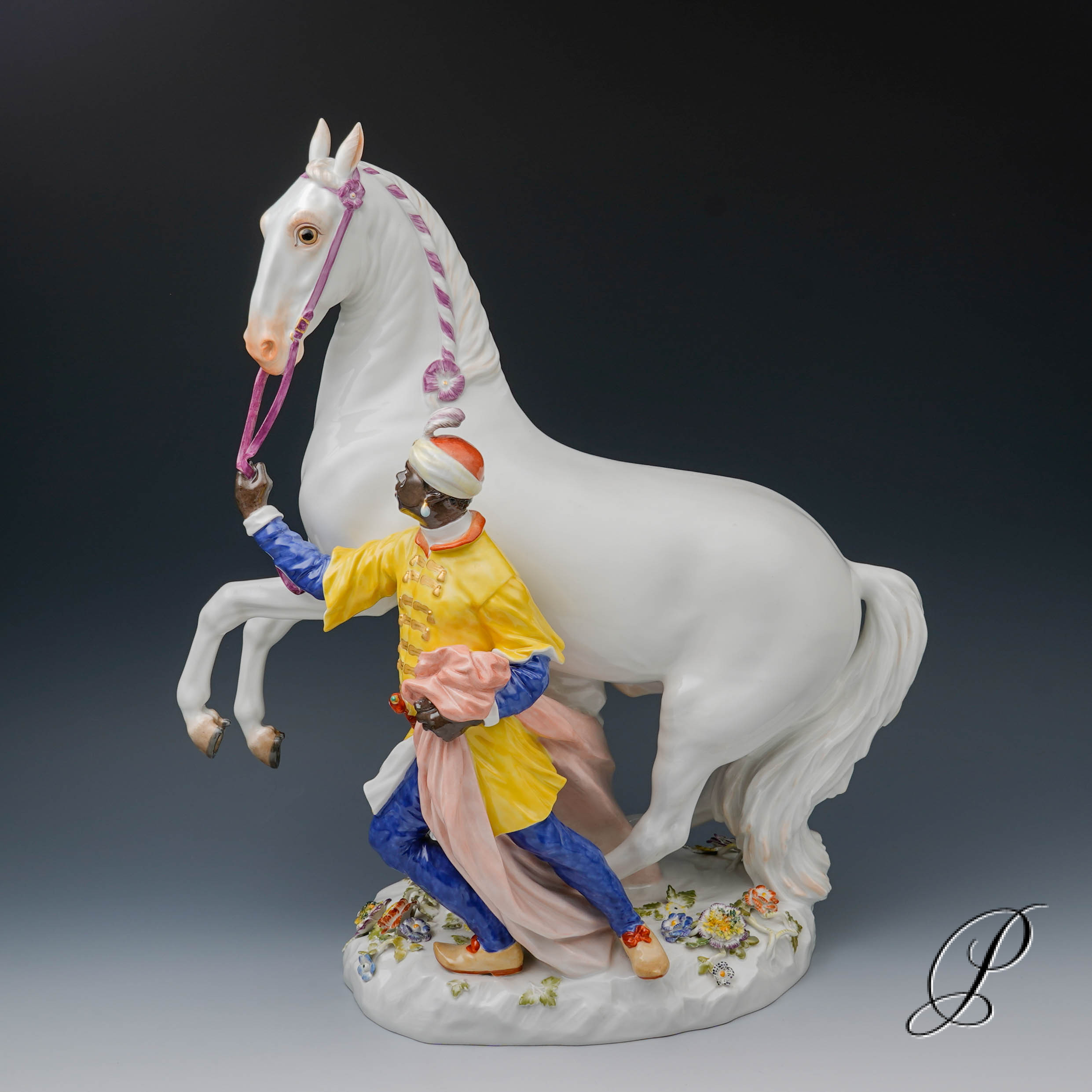 Meissen große Figurengruppe "Schimmel mit Mohr"