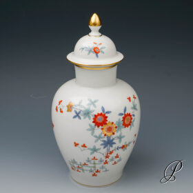Deckelvase Meissen 1.Wahl alte Indische Blumen und Kranichmalerei