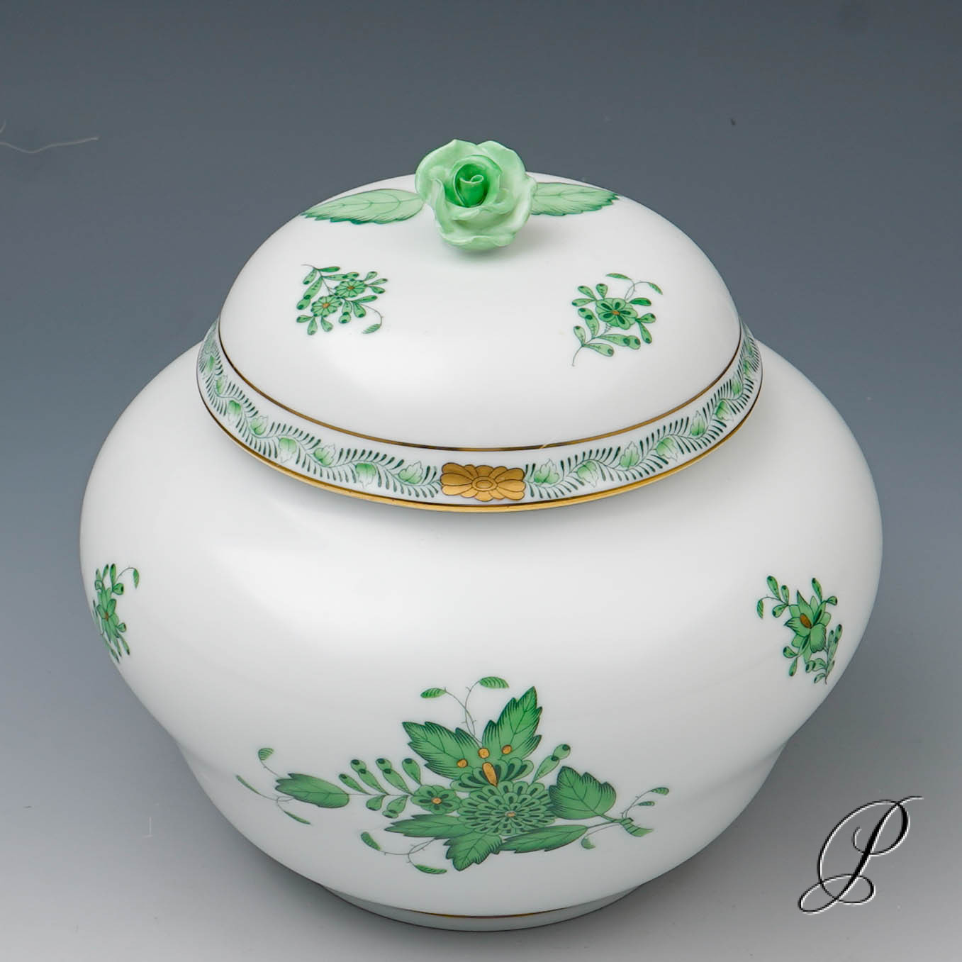 große Dose Herend in Herzform Apponyi grün – Bild 3