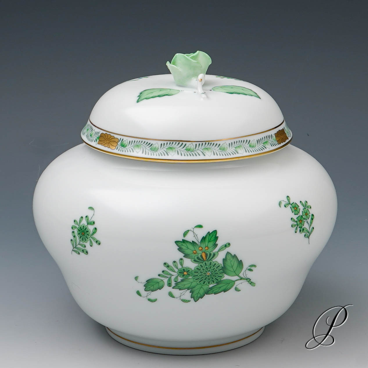 große Dose Herend in Herzform Apponyi grün – Bild 5