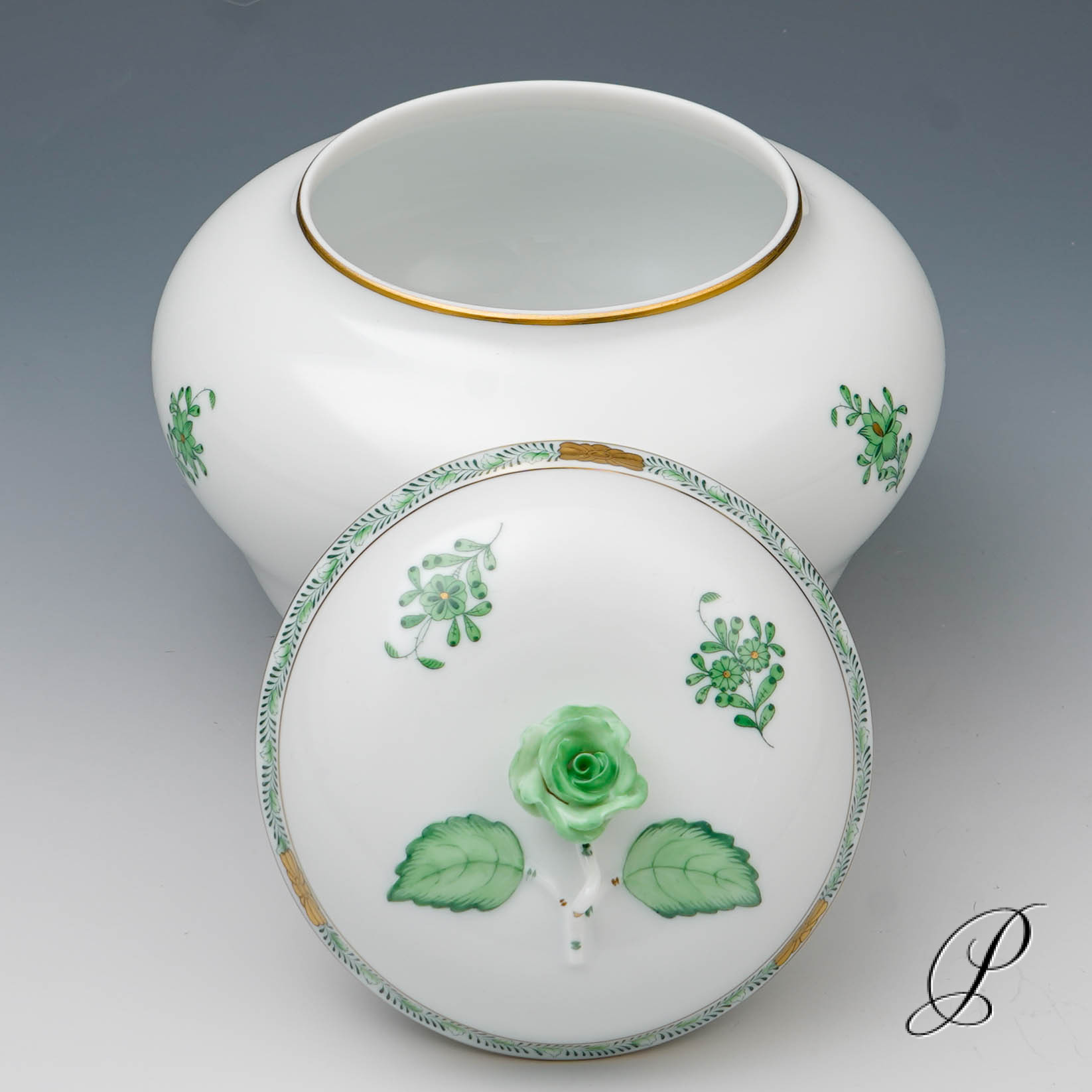 große Dose Herend in Herzform Apponyi grün – Bild 7