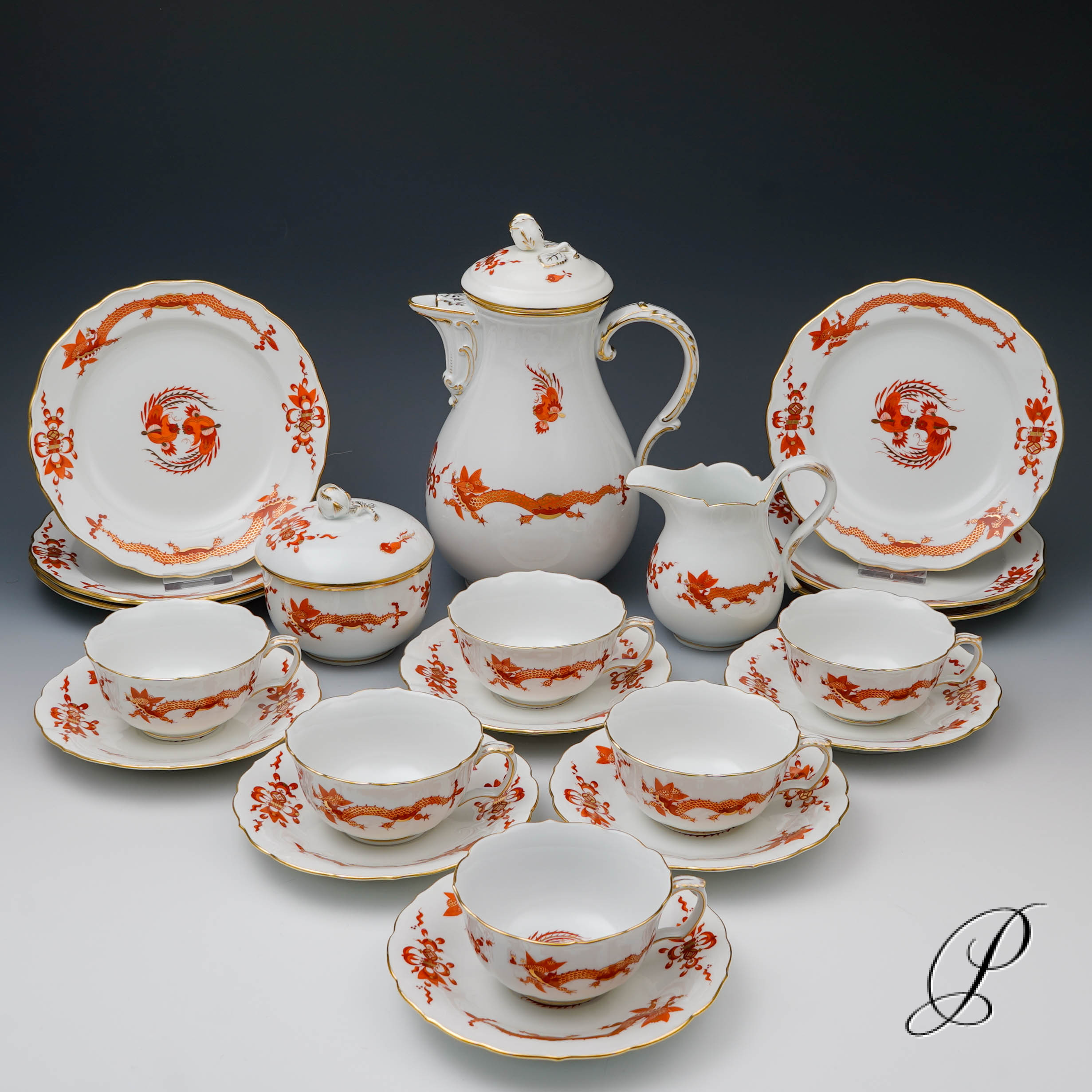 Teeservice Meissen Reicher Drache rot und goldschattiert