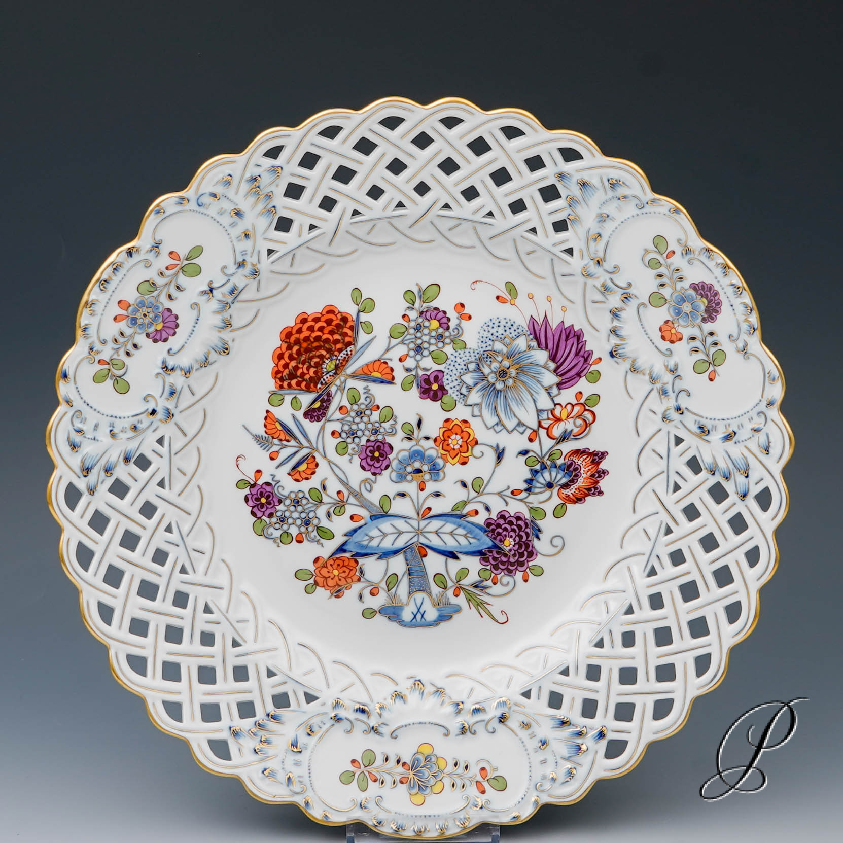 großer Durchbruchteller Meissen Zwiebelmuster Royal-bunt