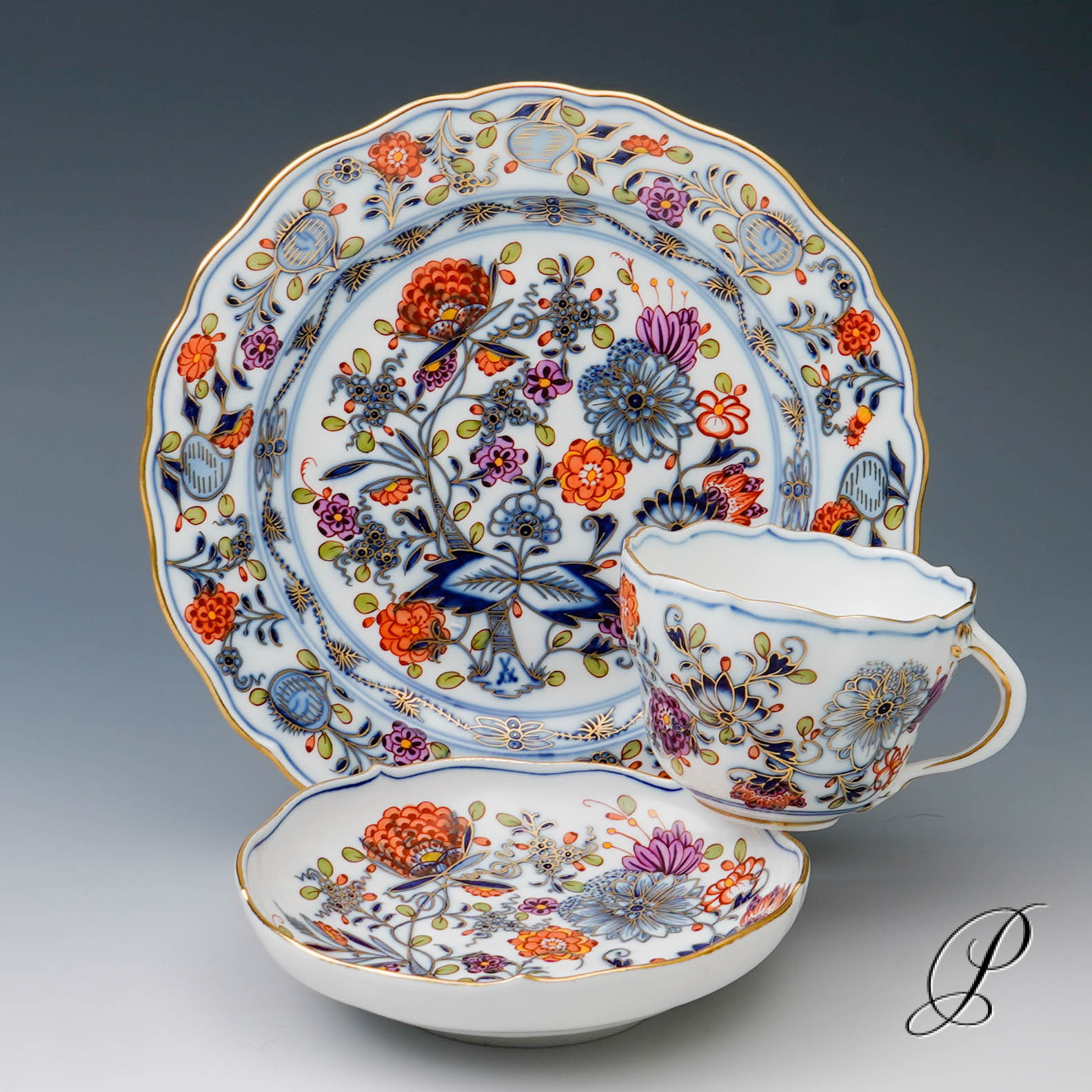 Kaffeegedeck Meissen Knaufzeit um 1900 Jhd. buntes Zwiebelmuster