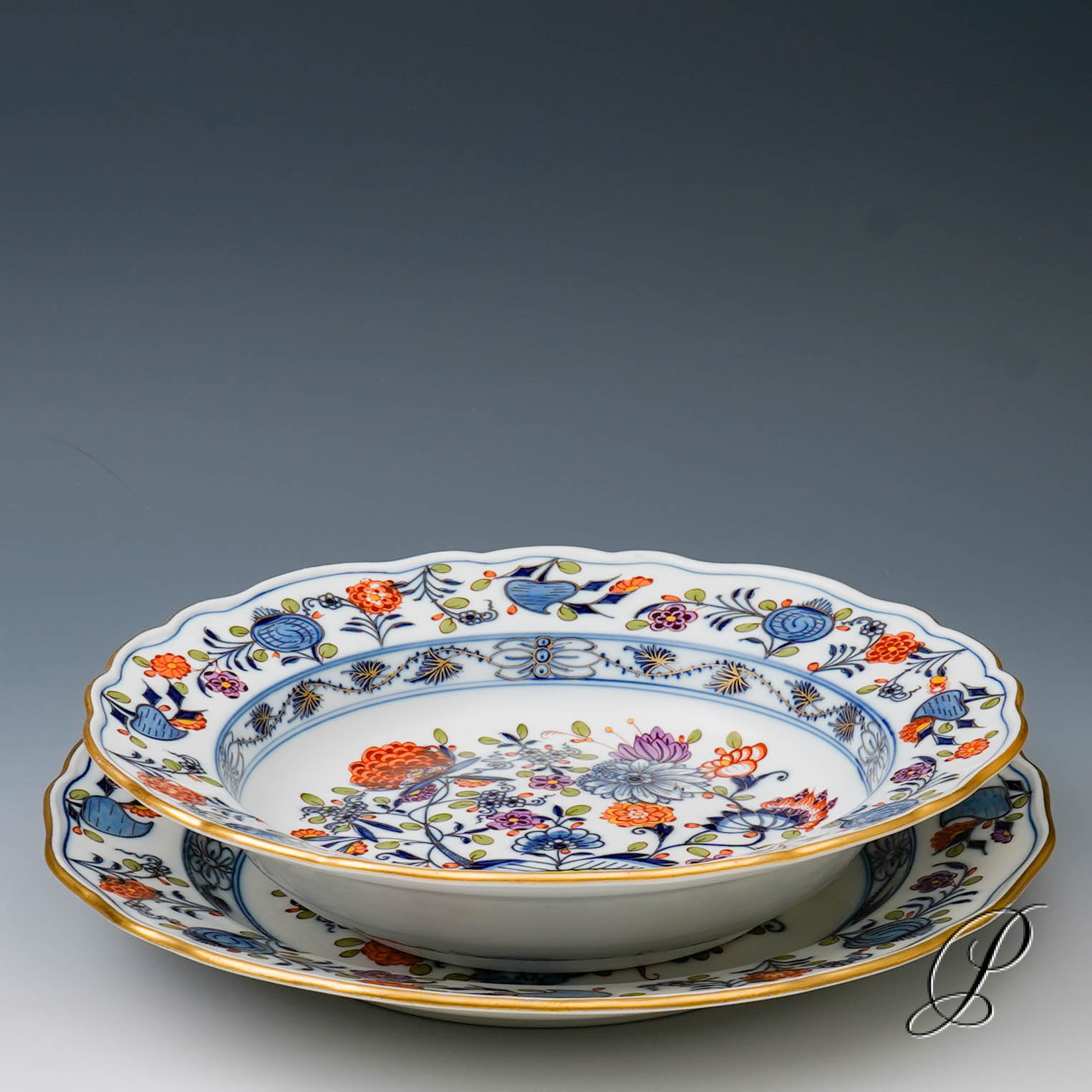 Speise und Suppenteller Meissen um 1900 Jhd. im Dekor buntes Zwiebelmuster