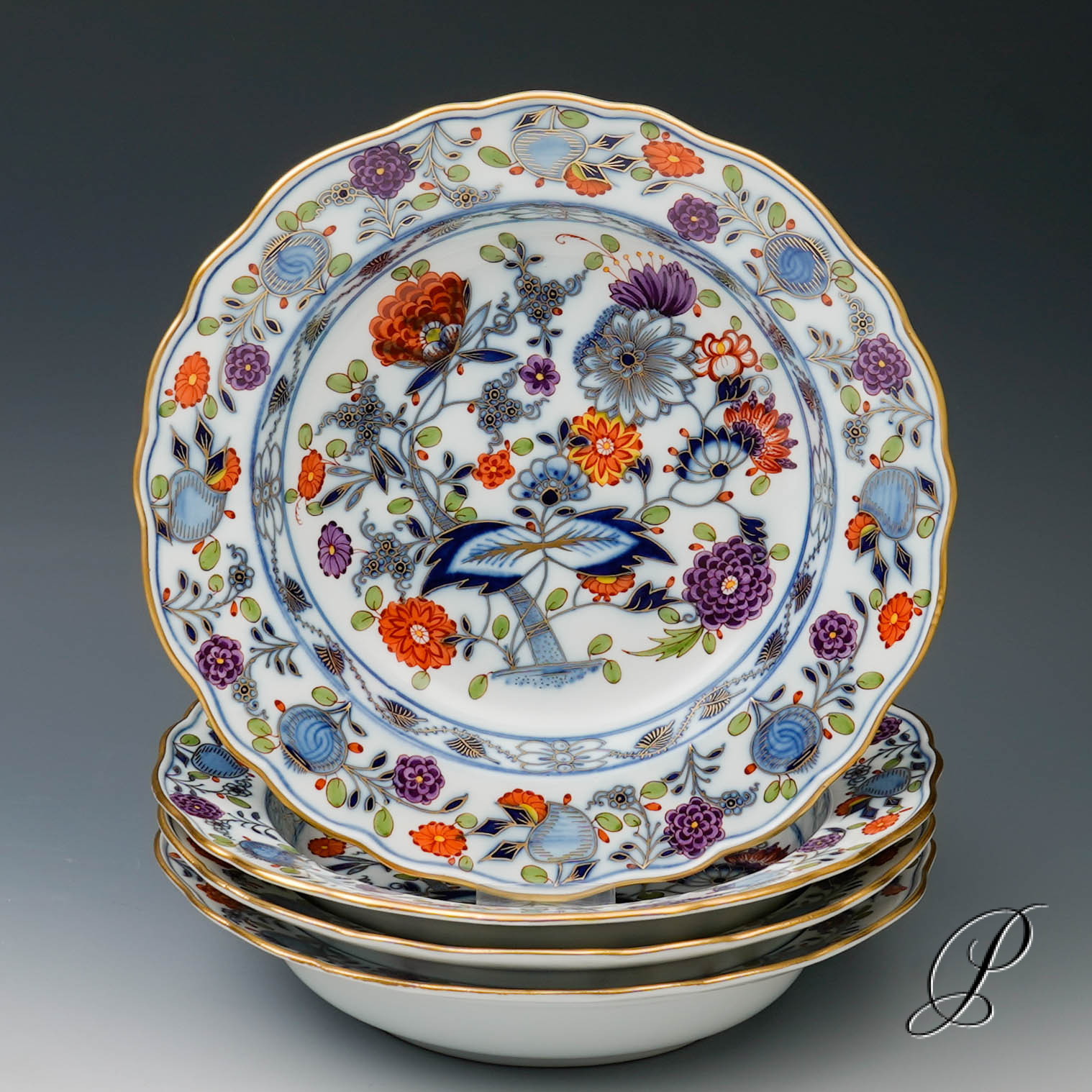 4 Suppenteller Meissen um 1860 Jhd. im Dekor buntes Zwiebelmuster