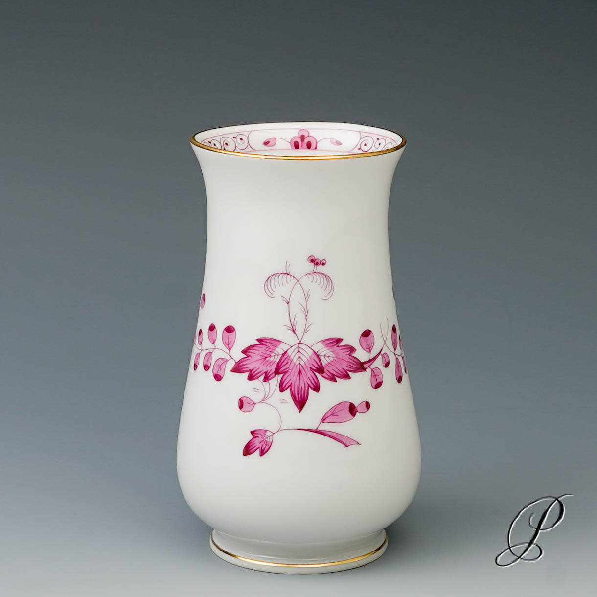 Vase Meissen im Dekor indische Malerei2 purpur mit Kante