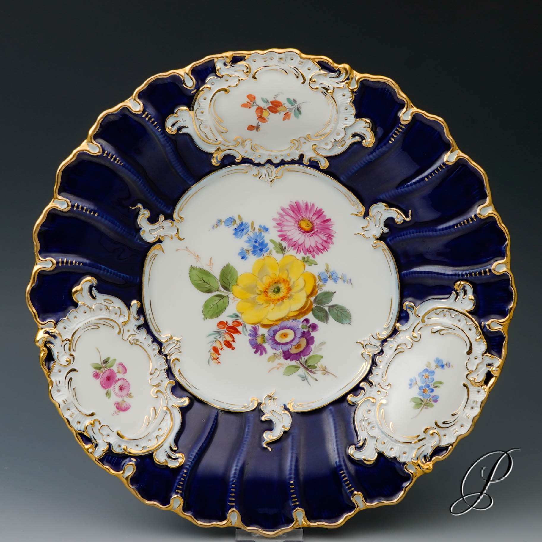 großer Prunkteller Meissen 1.Wahl Knaufzeit um 1900 Jhd. Kobaltblau mit Blumenbukett