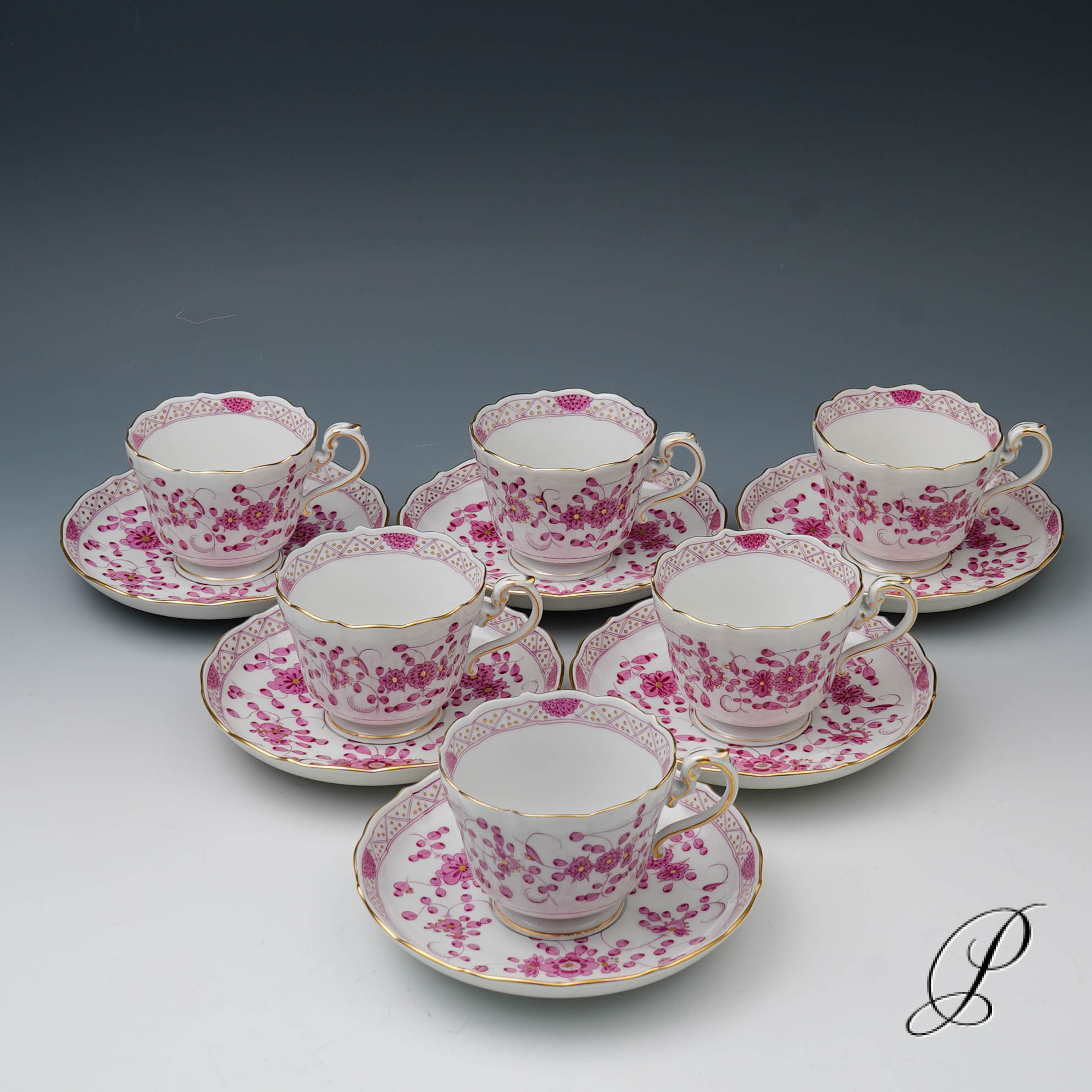 6 Kaffeegedecke Biedermeierform Meissen 1.Wahl / reiche Indische Malerei purpur – Bild 2