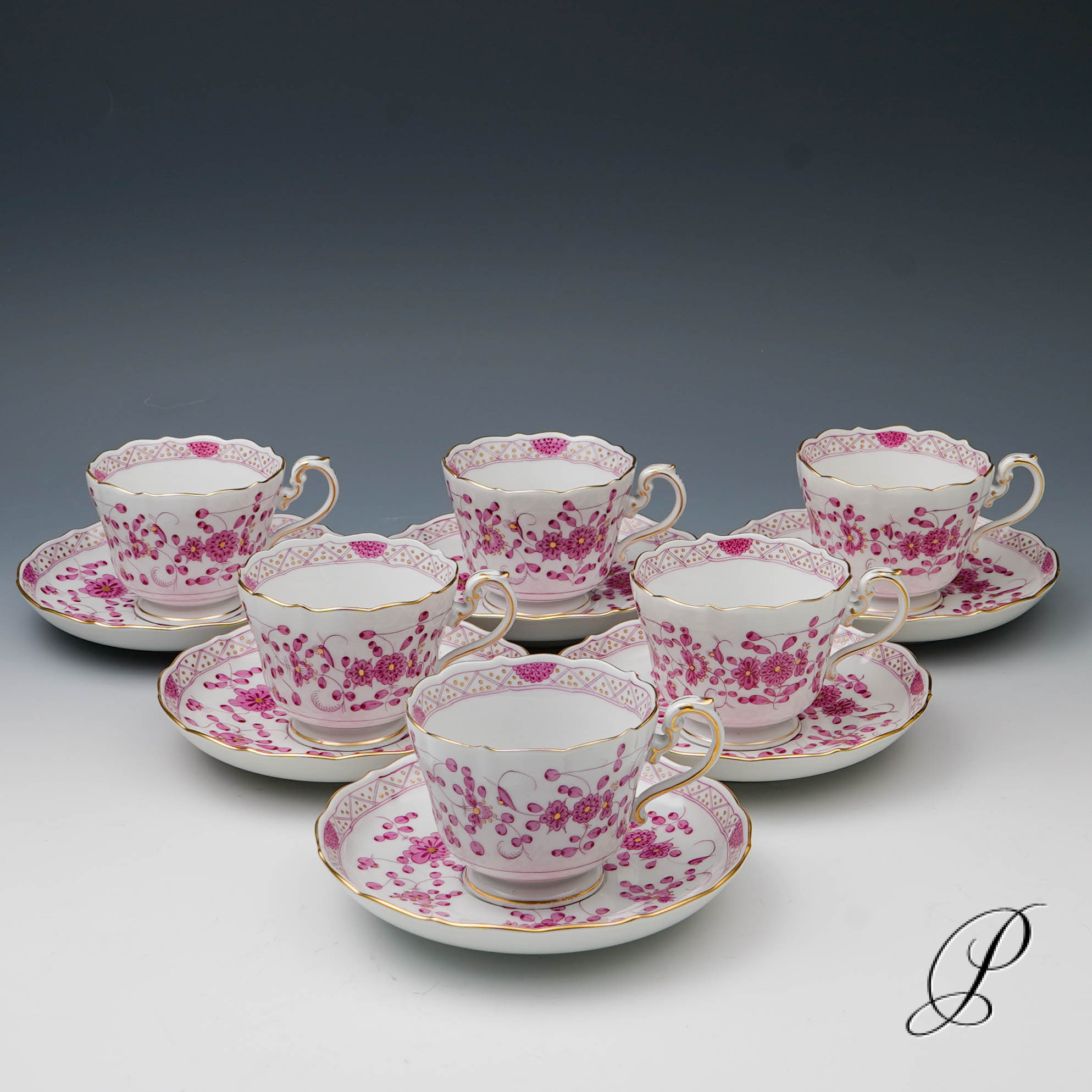 6 Kaffeegedecke Biedermeierform Meissen 1.Wahl / reiche Indische Malerei purpur
