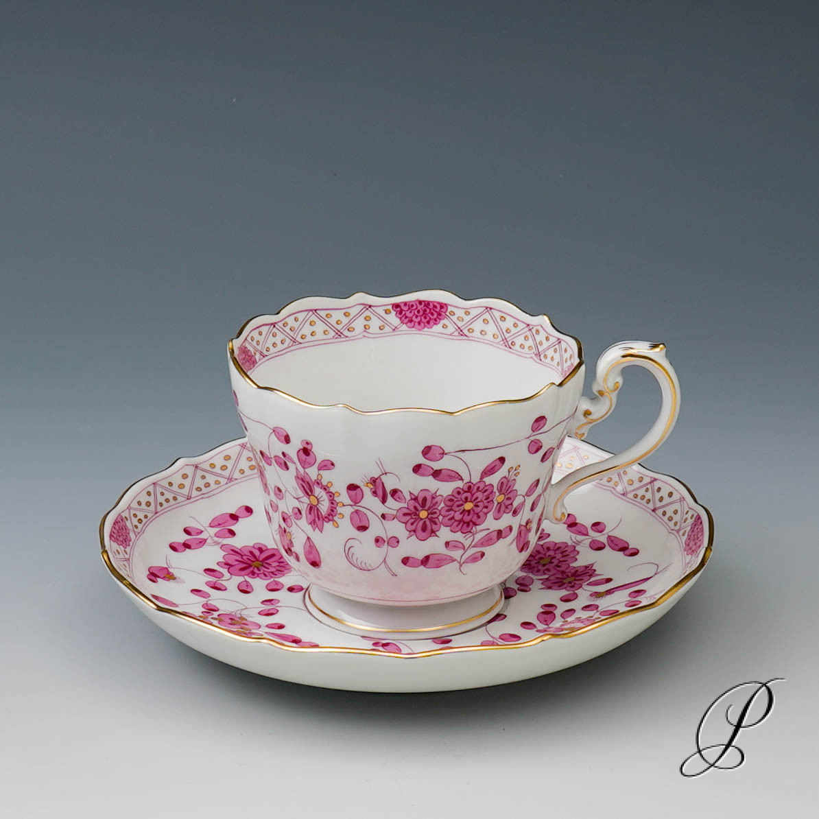 6 Kaffeegedecke Biedermeierform Meissen 1.Wahl / reiche Indische Malerei purpur – Bild 5