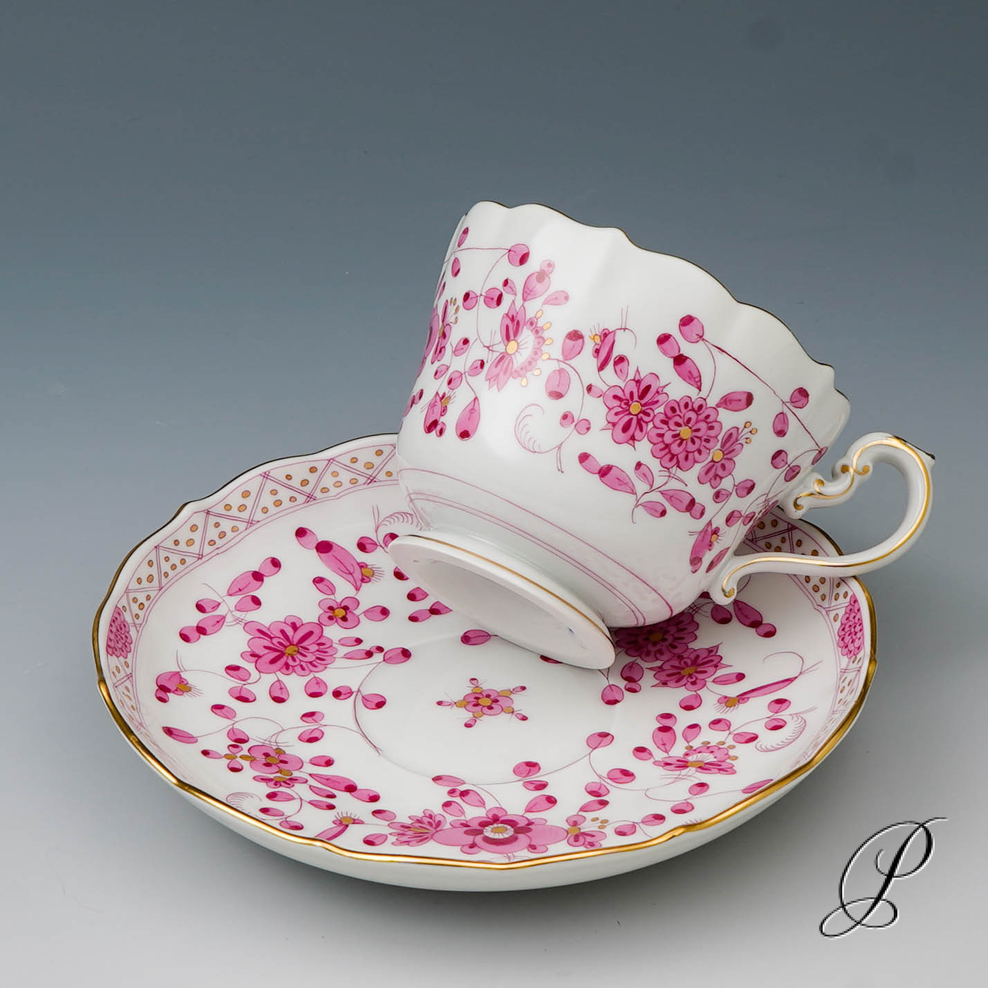 6 Kaffeegedecke Biedermeierform Meissen 1.Wahl / reiche Indische Malerei purpur – Bild 6