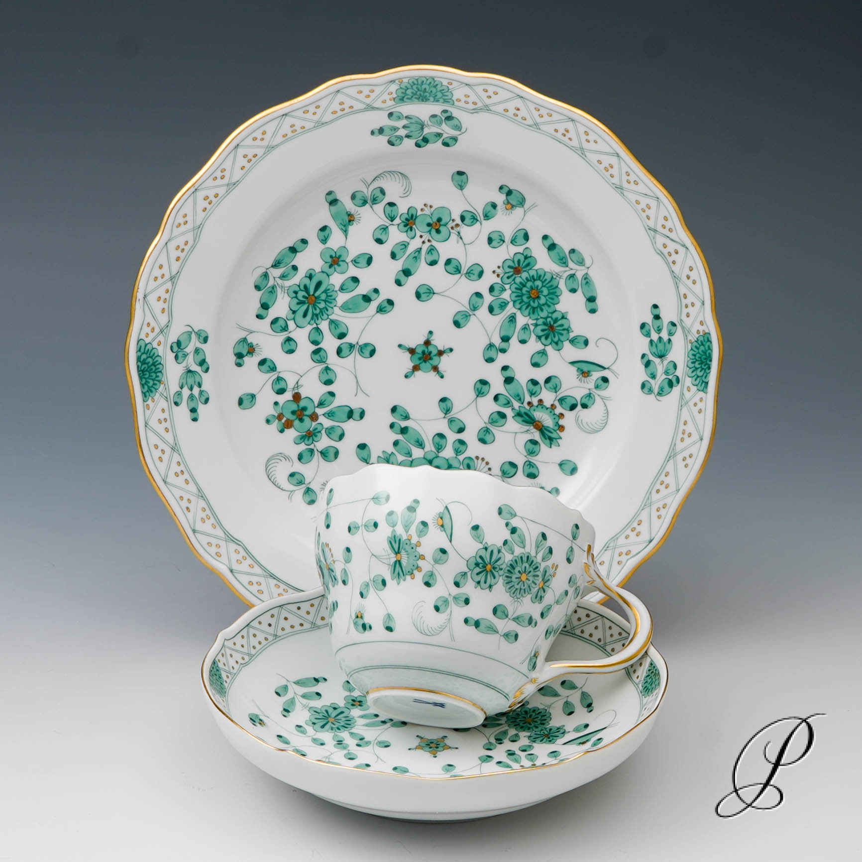 Kaffeegedeck Meissen 1.Wahl Indische Malerei grün NP# 1180,- EUR
