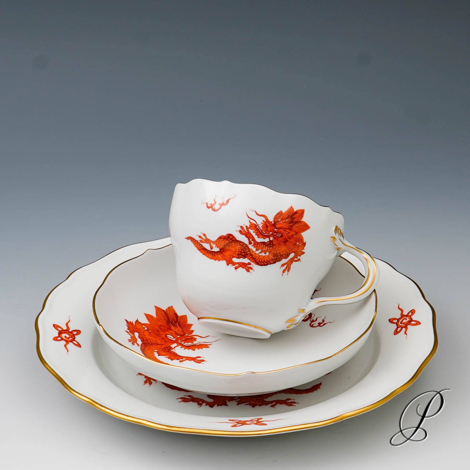 Kaffeegedeck Meissen 1.Wahl Mingdrache Rot mit Goldrand – Bild 3