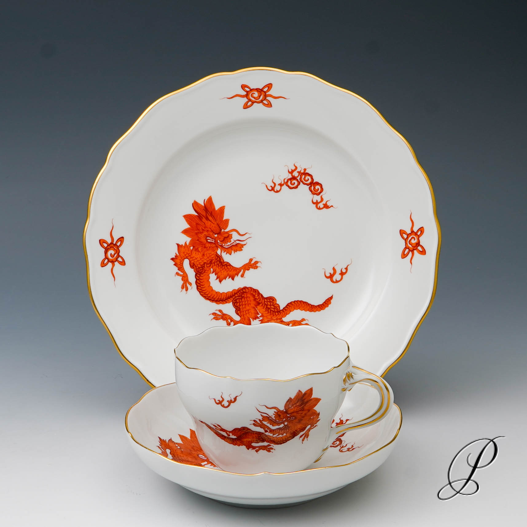 Kaffeegedeck Meissen 1.Wahl Mingdrache Rot mit Goldrand – Bild 4