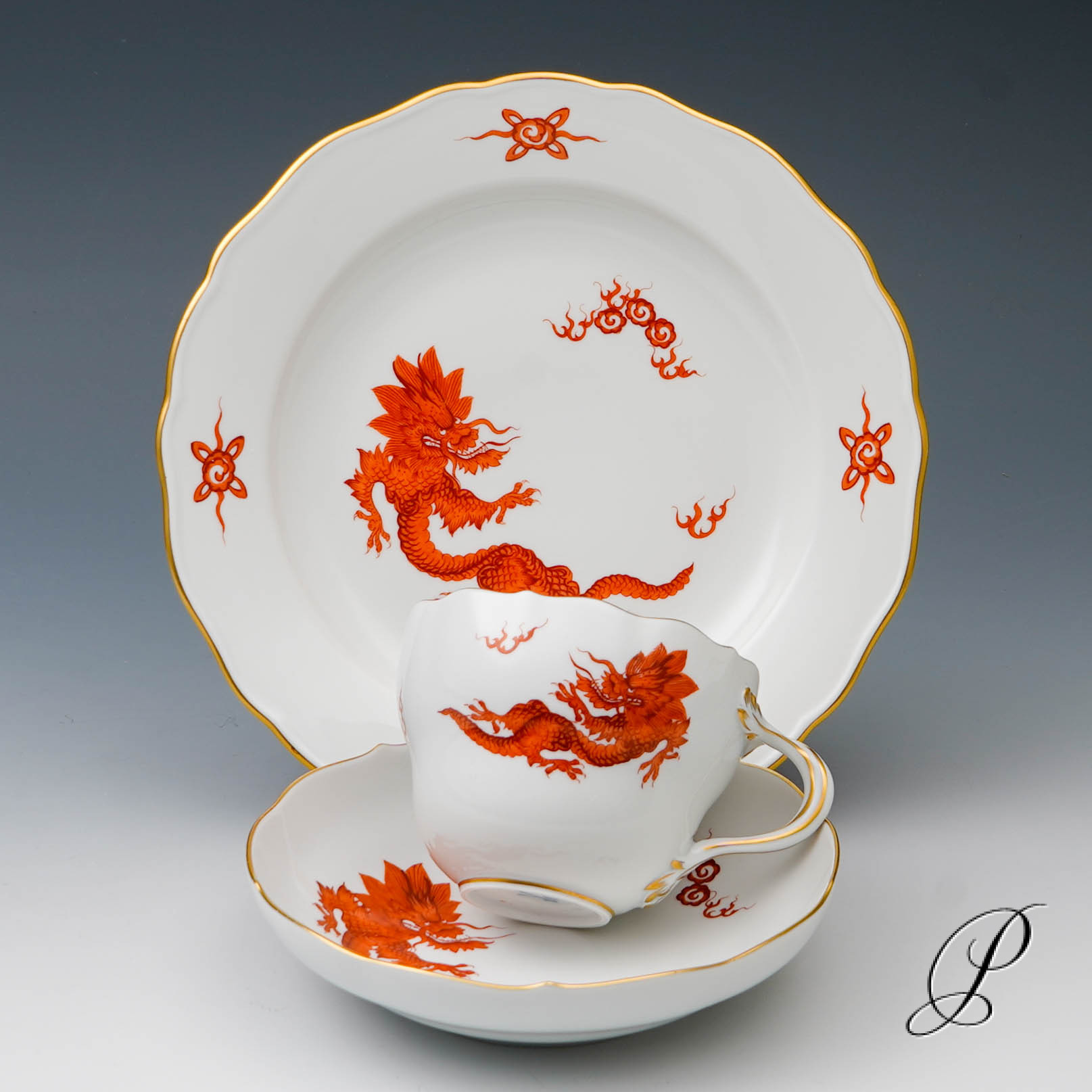 Kaffeegedeck Meissen 1.Wahl Mingdrache Rot mit Goldrand