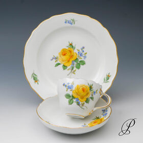Kaffeegedeck Meissen im Dekor gelbe Rose und Vergißmeinnicht