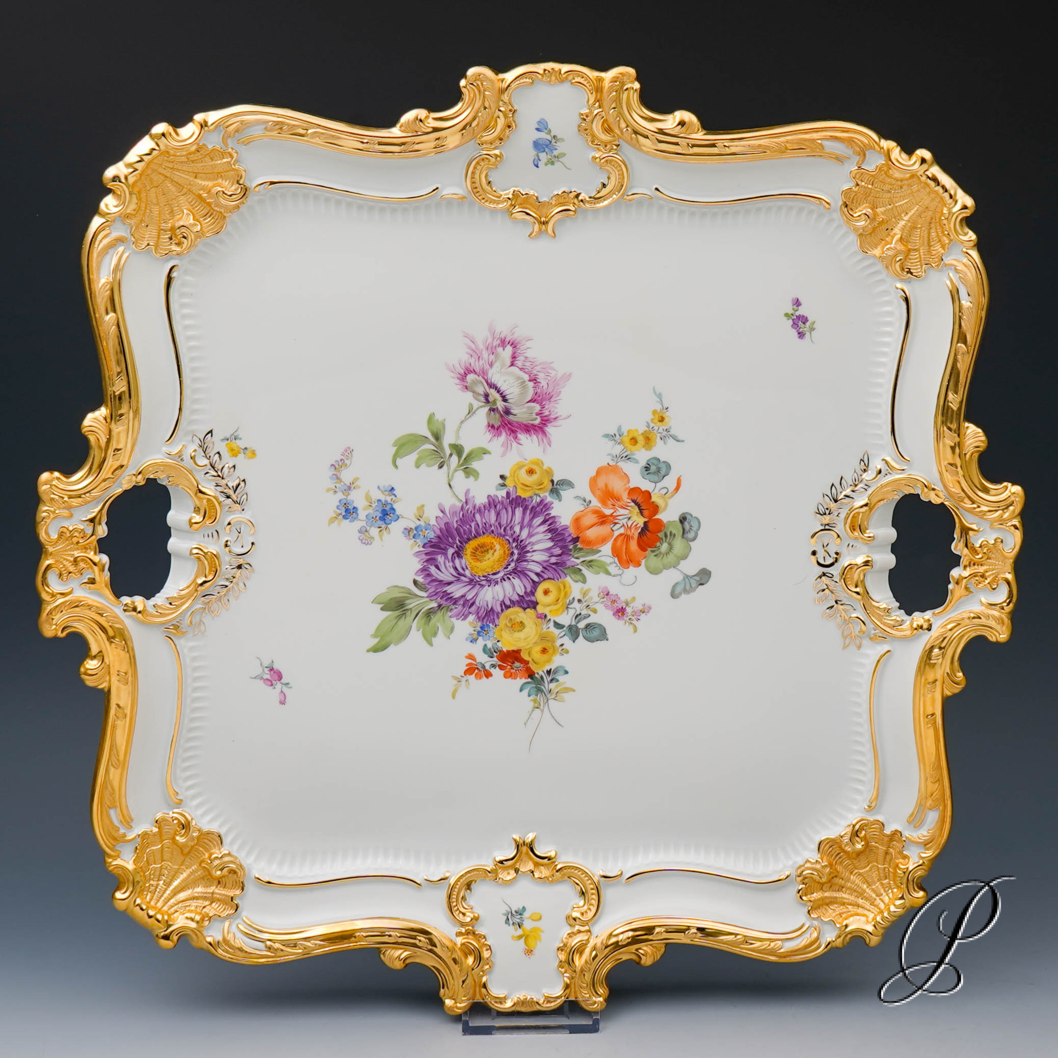 Traumhafte große Prunkplatte / Prunktablett Meissen mit Blumenbukett – Bild 5