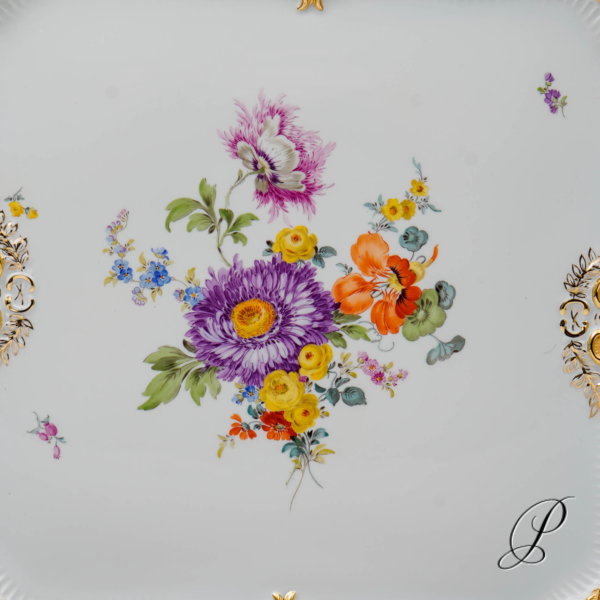 Traumhafte große Prunkplatte / Prunktablett Meissen mit Blumenbukett – Bild 6