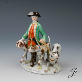 Jagdfigur Meissen 1.Wahl / Jäger mit Jagdhunden