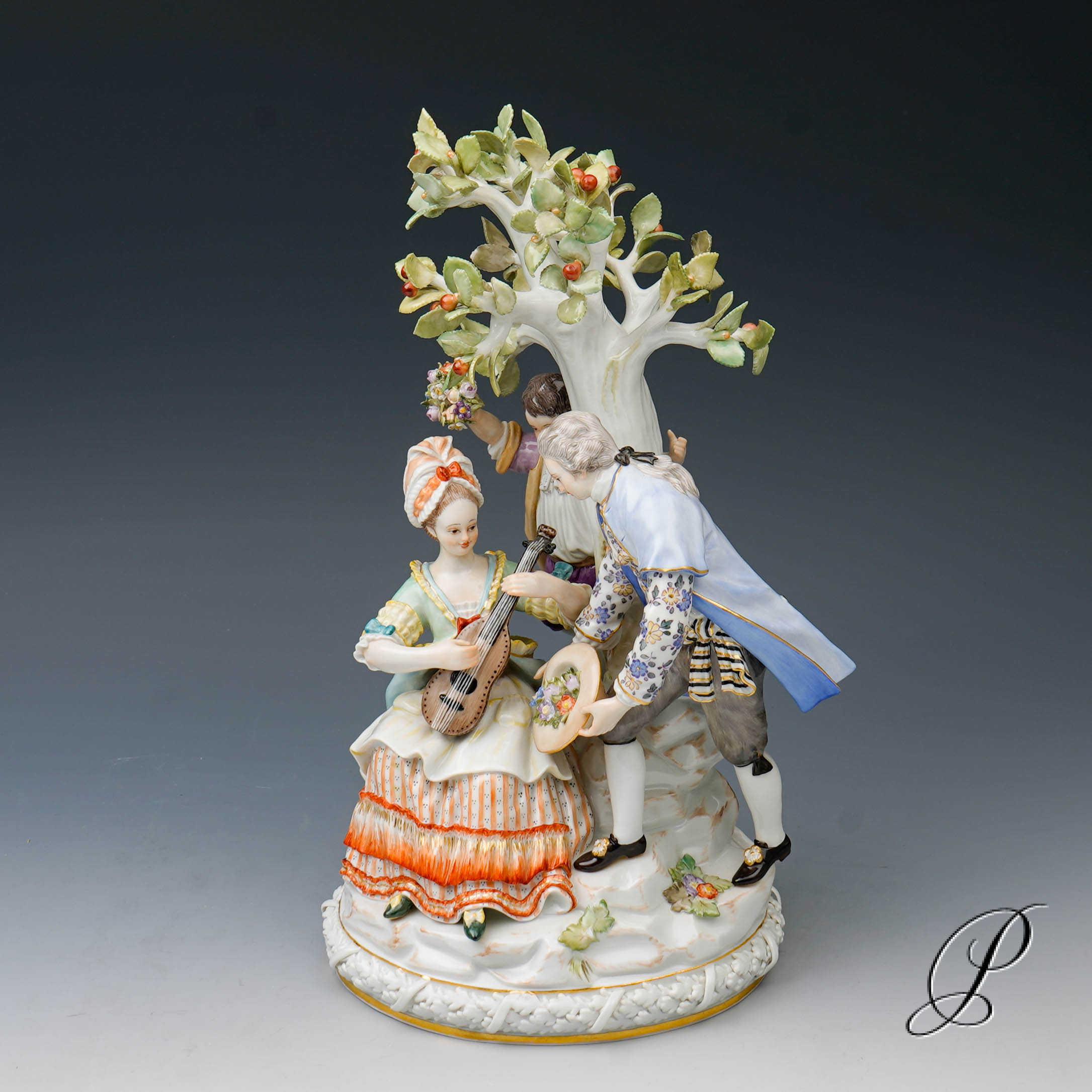 große Figurengruppe Meissen " Gärtnergruppe mit Apfelbaum"