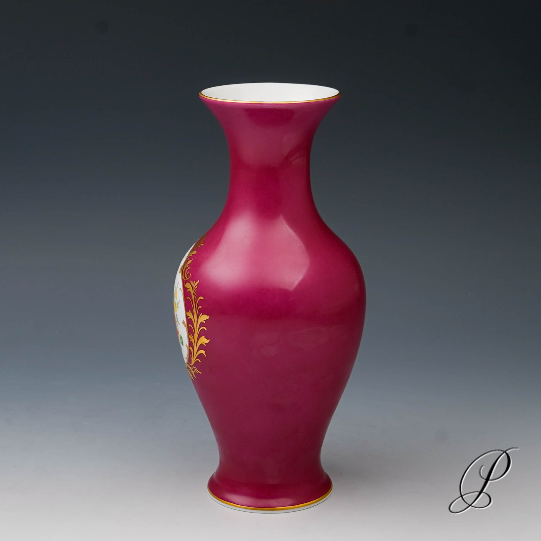 Vase Meissen 1.Wahl roter Fond mit traumhaften Blumenbukett – Bild 4