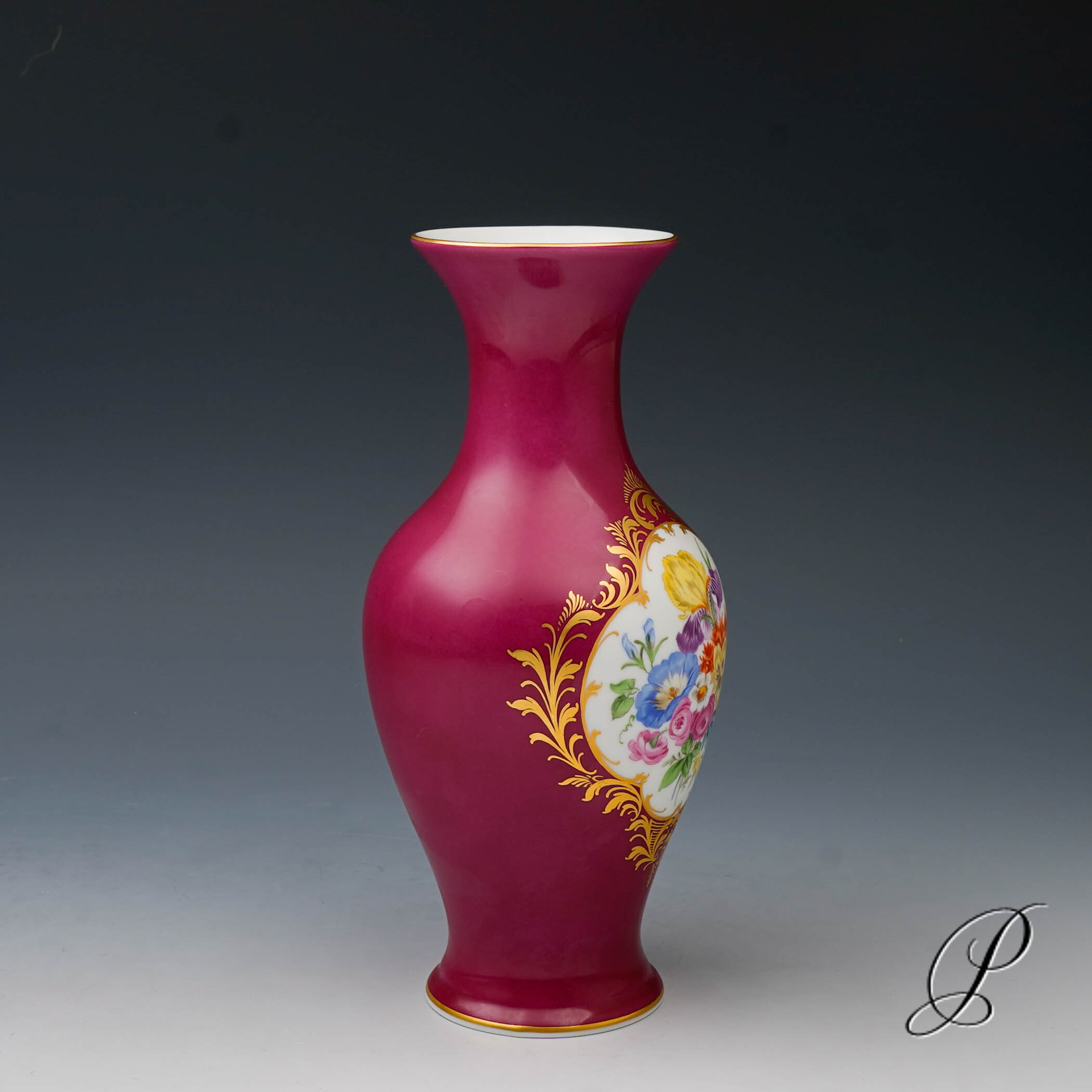 Vase Meissen 1.Wahl roter Fond mit traumhaften Blumenbukett – Bild 6