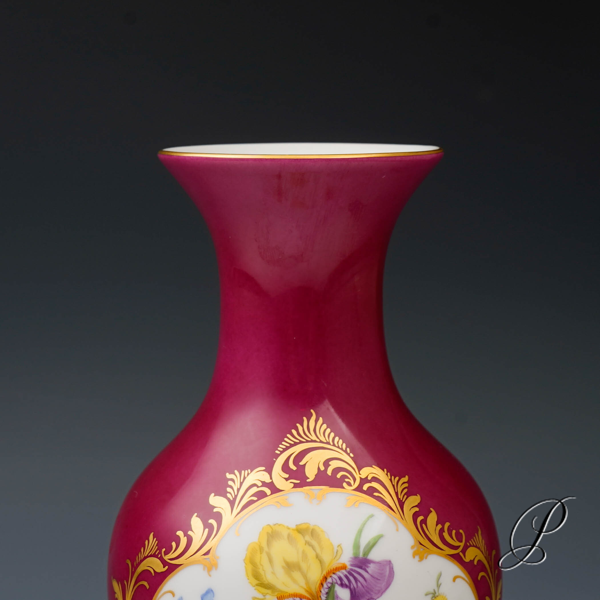 Vase Meissen 1.Wahl roter Fond mit traumhaften Blumenbukett – Bild 7