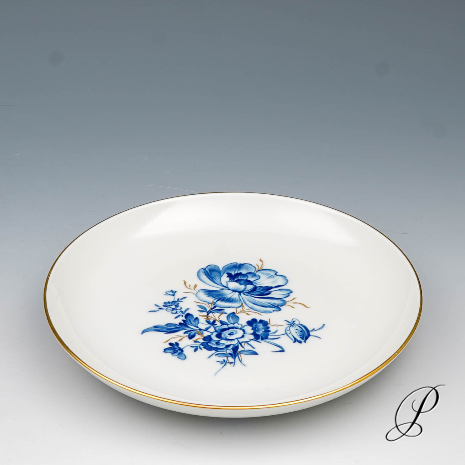 Wandteller Meissen 1.Wahl mit blauem Blumenbukett und Goldgräsern – Bild 3