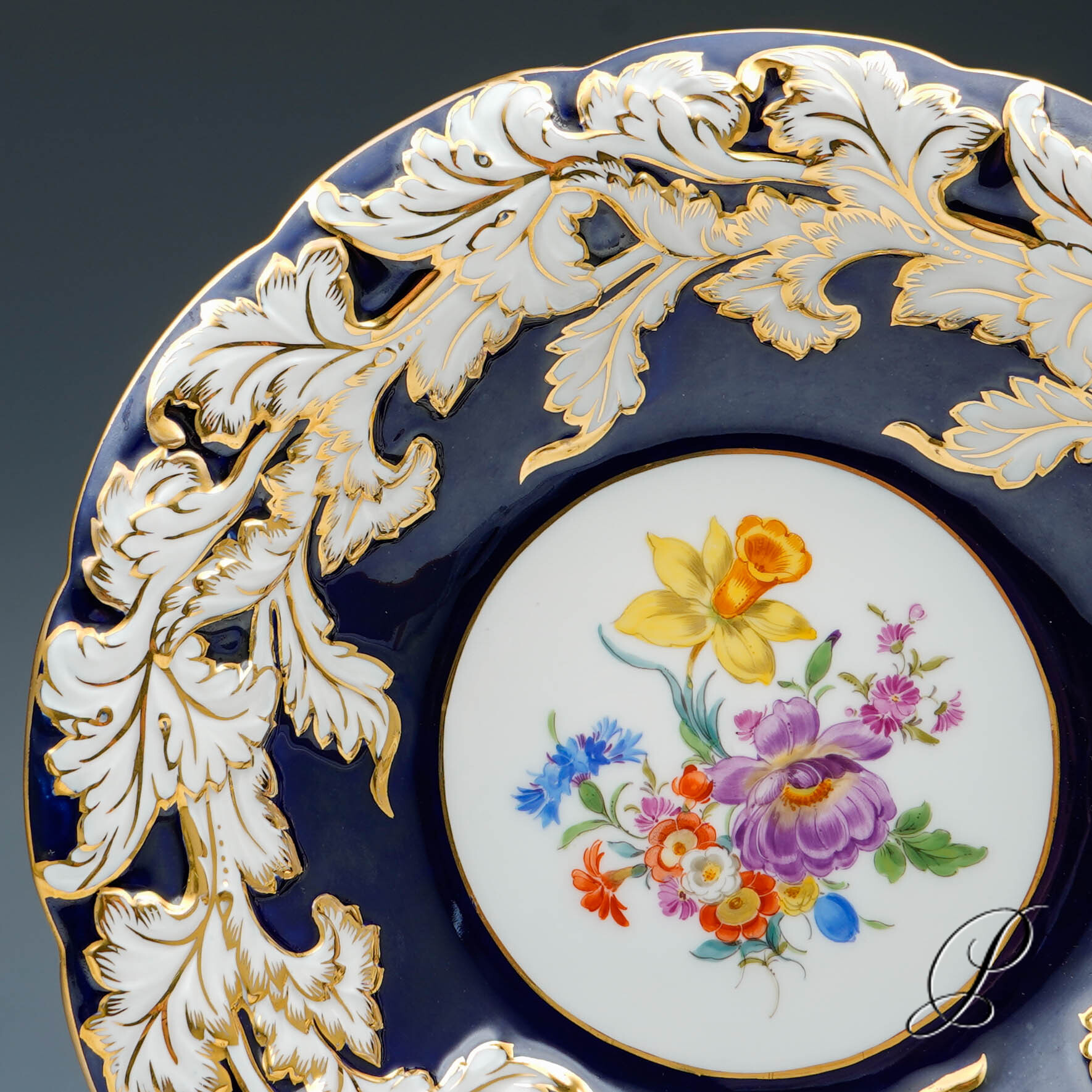 Prunkteller Meissen Kobaltblau mit Blumenbukett – Bild 5