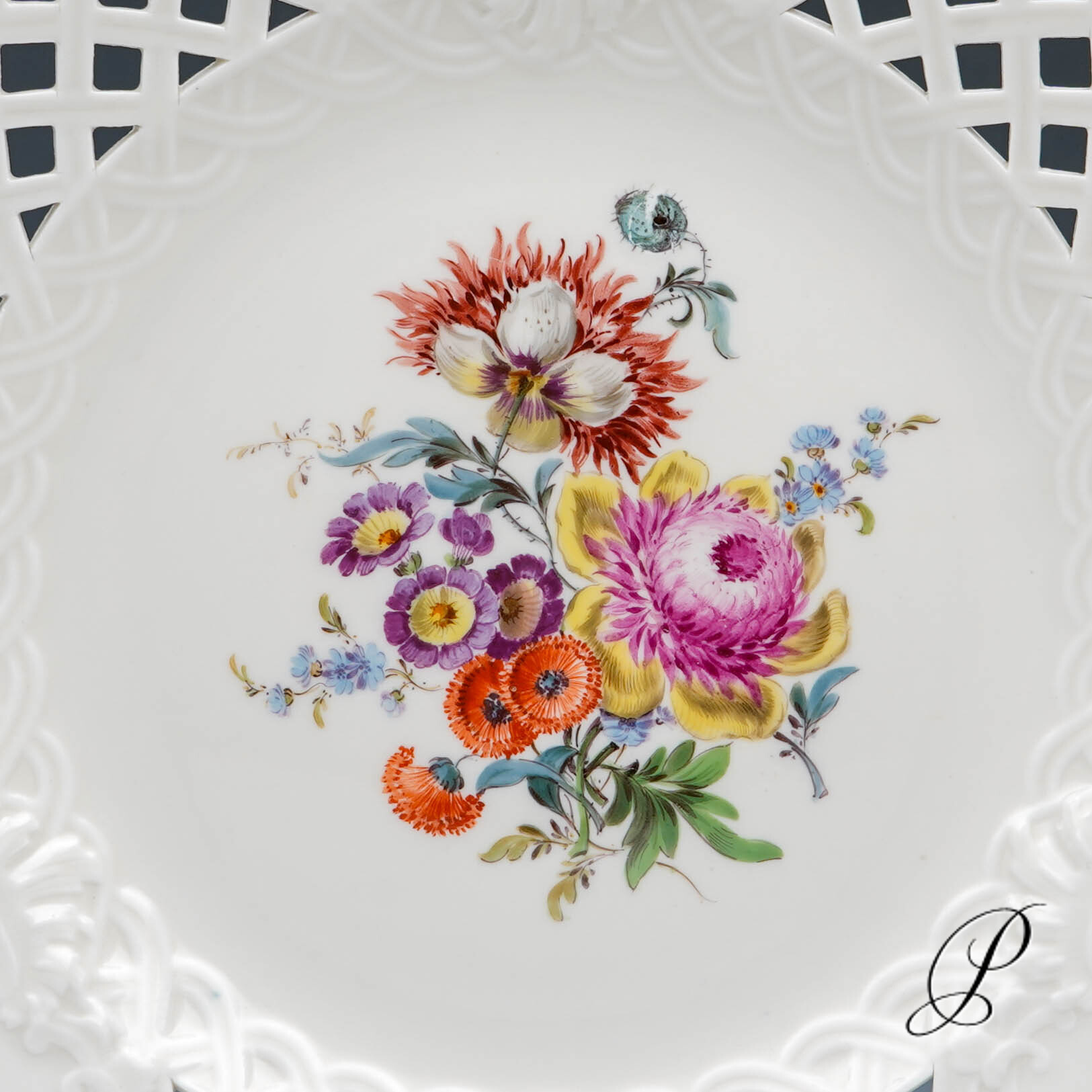 großer (29cm!!) Durchbruchteller Meissen mit Blumenbukett – Bild 4