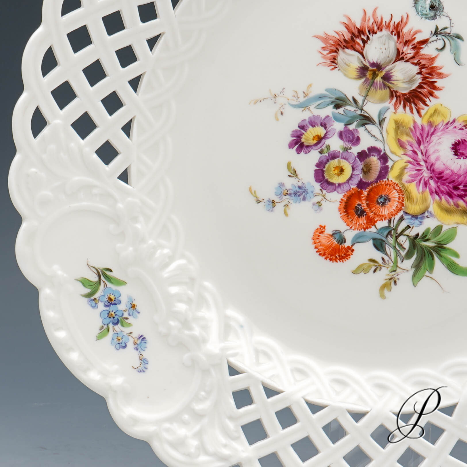 großer (29cm!!) Durchbruchteller Meissen mit Blumenbukett – Bild 6