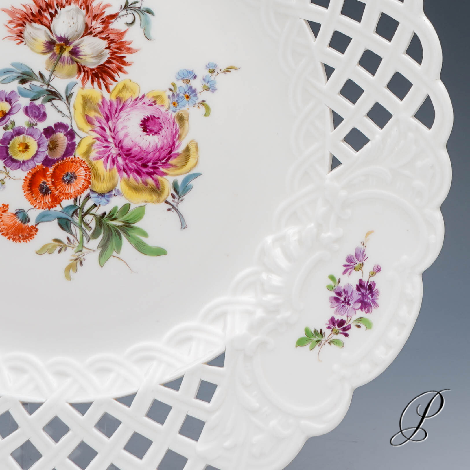 großer (29cm!!) Durchbruchteller Meissen mit Blumenbukett – Bild 7