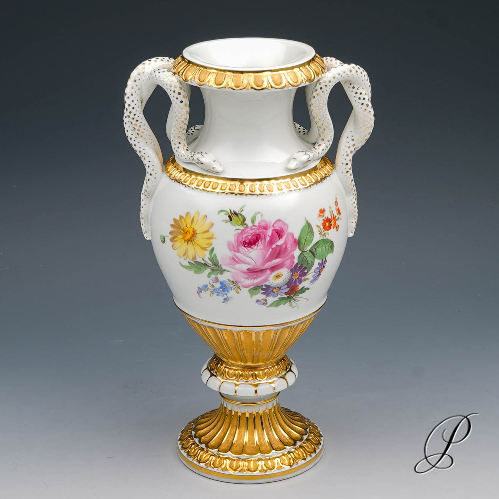 Schlangenhenkelvase Meissen 1.Wahl um 1900 Jhd. mit Blumenbuketts