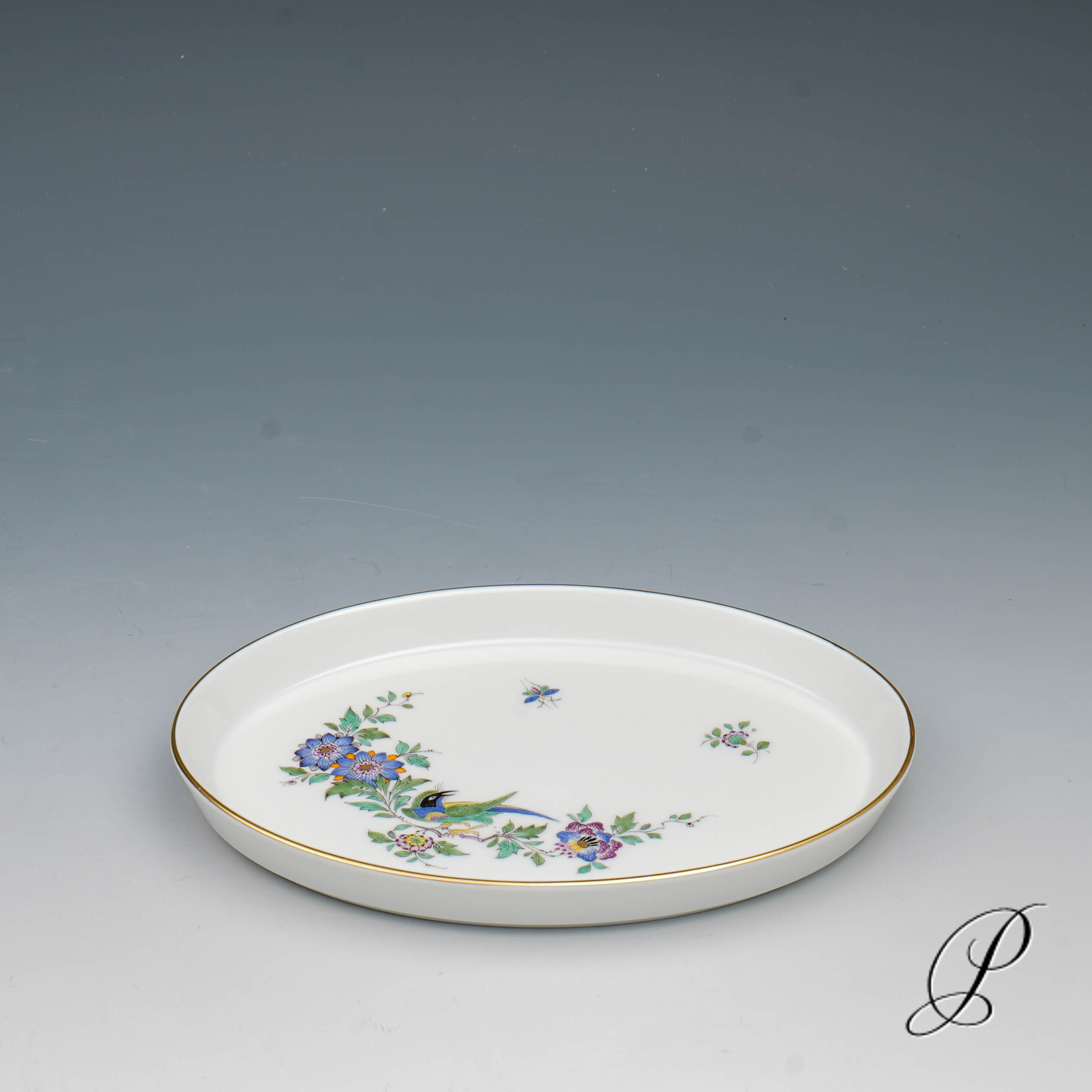 ovales Tablett Meissen 1.Wahl mit Indischer Fels, Blumen und Vogelmalerei – Bild 2
