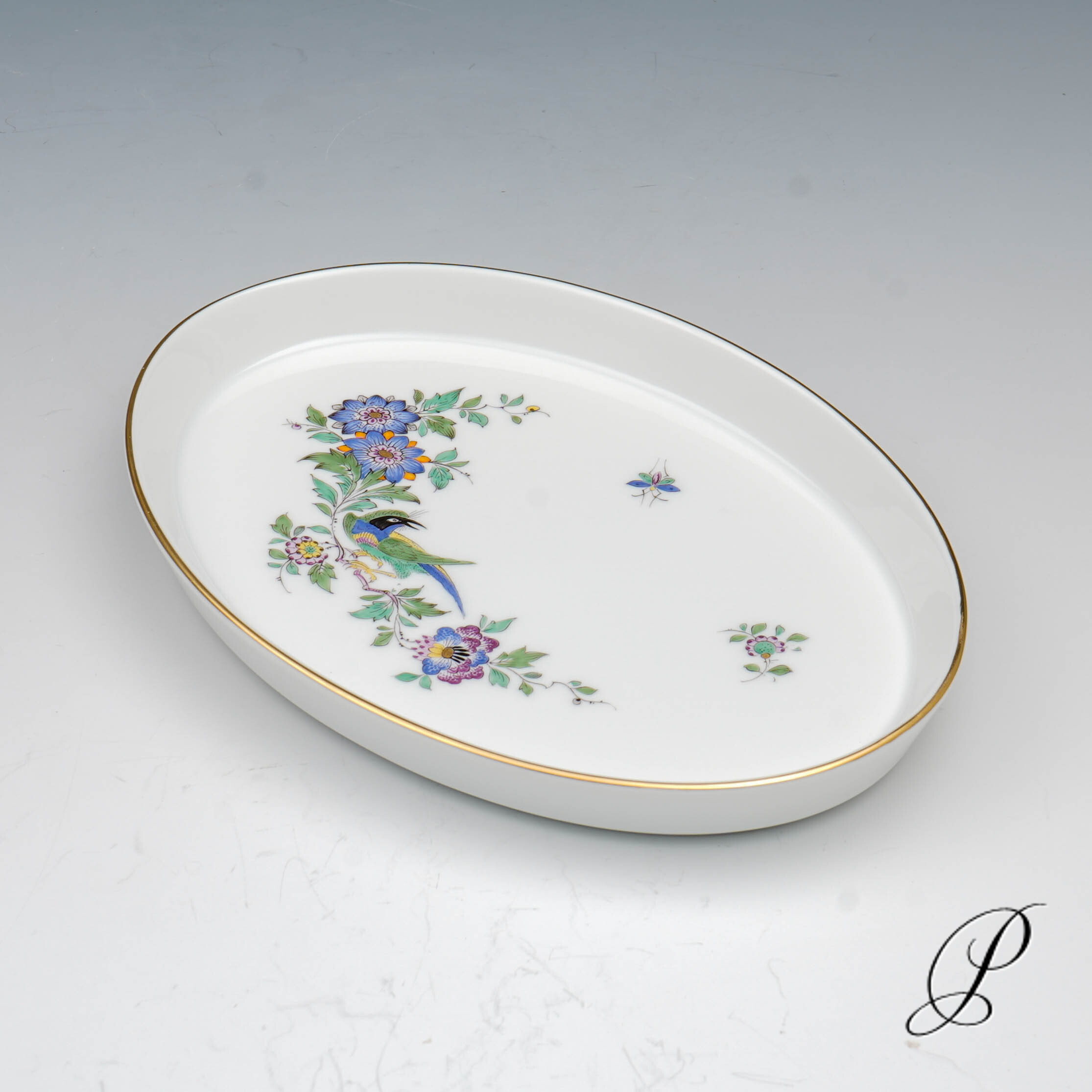 ovales Tablett Meissen 1.Wahl mit Indischer Fels, Blumen und Vogelmalerei – Bild 3