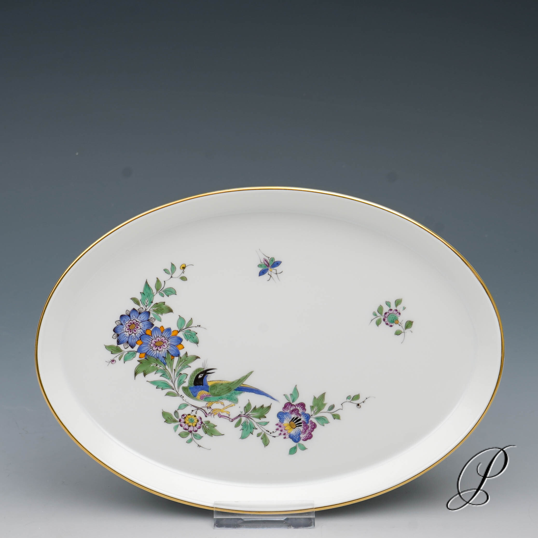 ovales Tablett Meissen 1.Wahl mit Indischer Fels, Blumen und Vogelmalerei