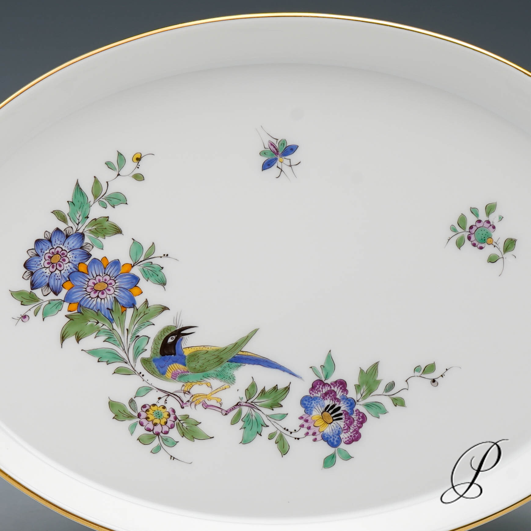 ovales Tablett Meissen 1.Wahl mit Indischer Fels, Blumen und Vogelmalerei – Bild 5